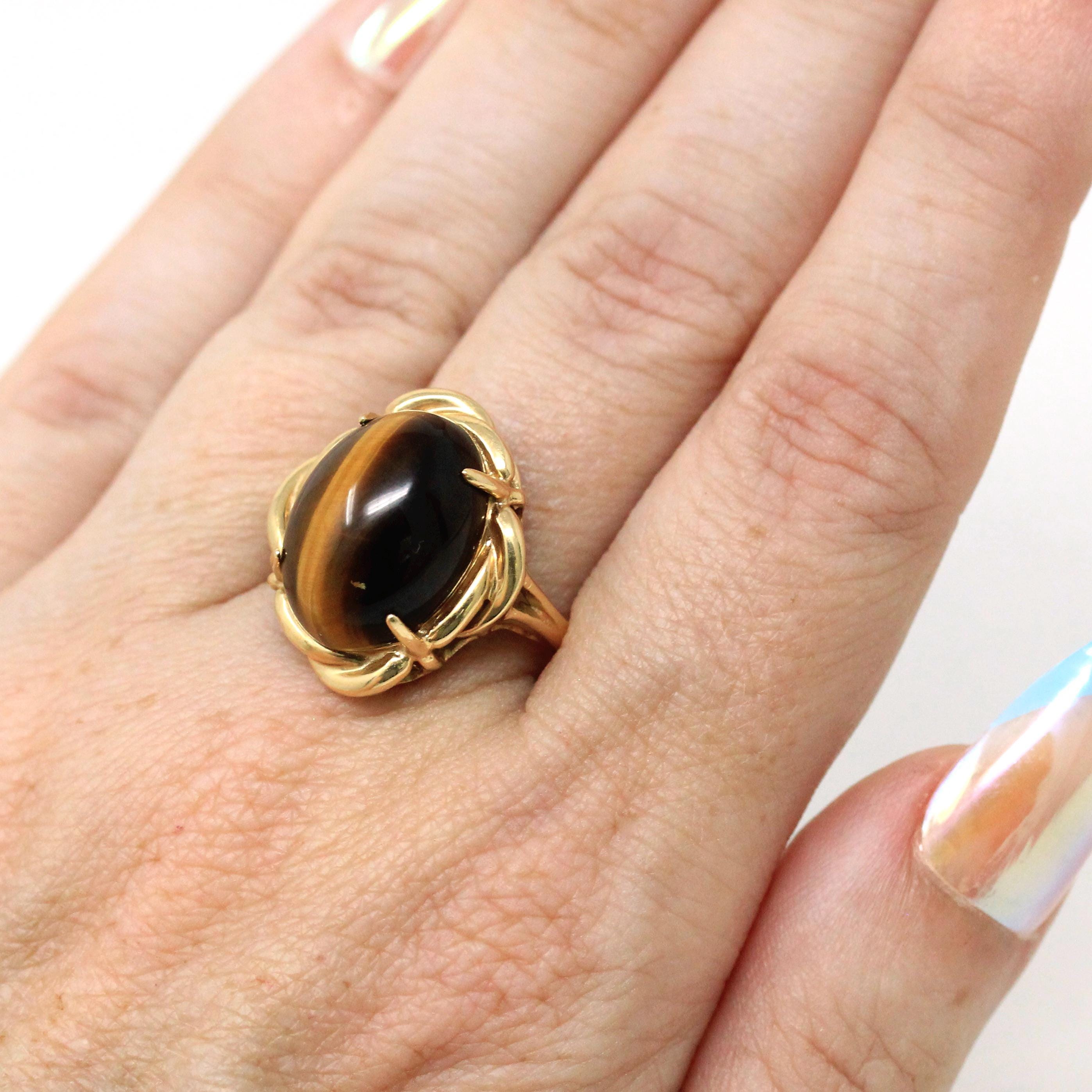 Tiger's Eye Ring - Modern 14k Yellow Gold Cabochon Cut Genuine Chatoyant Gemstone - Estate Circa 2000s Era Size 7 3/4 Statement Fine Jewelry