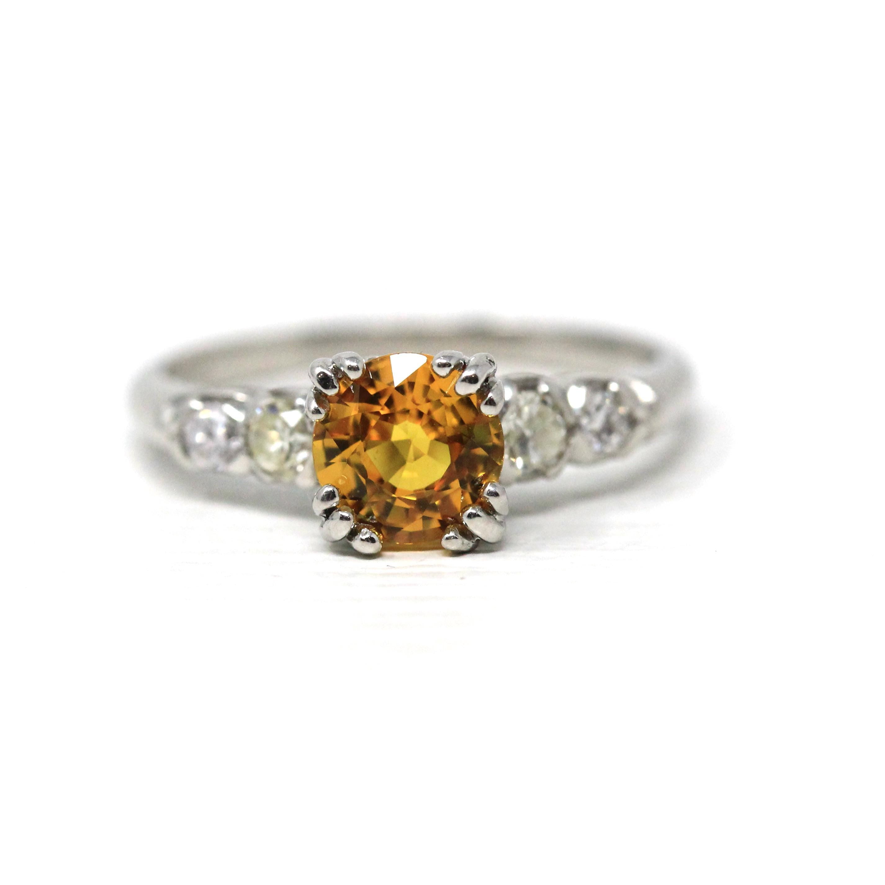 Yellow Sapphire & Diamond Ring - Mid Century Platinum Alternative Engagement Ring Genuine Gemstones - Vintage 1950s Size 5 Report Jewelry