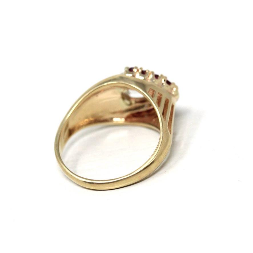 East West Diamond Ring - Vintage Retro Era 14k Yellow Gold Genuine .59 CT Pear Brilliant - Size 7 Alternative Ruby Halo Fine Report Jewelry