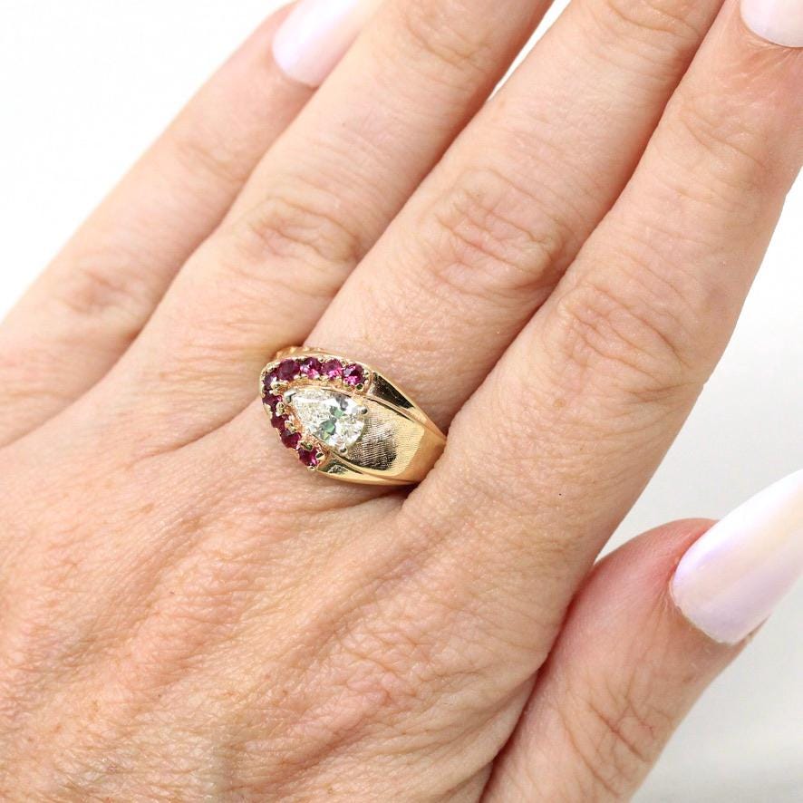 East West Diamond Ring - Vintage Retro Era 14k Yellow Gold Genuine .59 CT Pear Brilliant - Size 7 Alternative Ruby Halo Fine Report Jewelry
