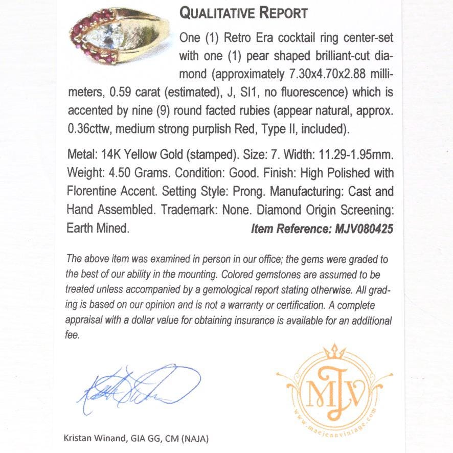 East West Diamond Ring - Vintage Retro Era 14k Yellow Gold Genuine .59 CT Pear Brilliant - Size 7 Alternative Ruby Halo Fine Report Jewelry