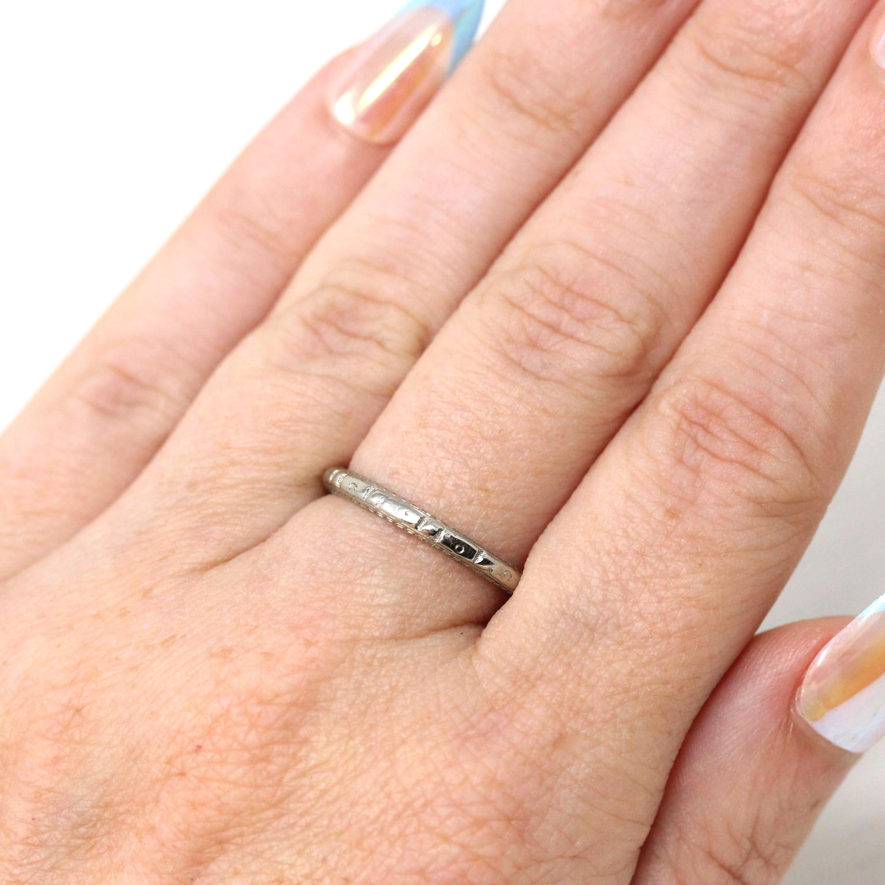 Art Deco Wedding Band - Vintage 18k White Gold Flower Eternity Ring - Circa 1930s Era Size 6 1/4 J.R. Wood Bridal Stacking Fine 30s Jewelry