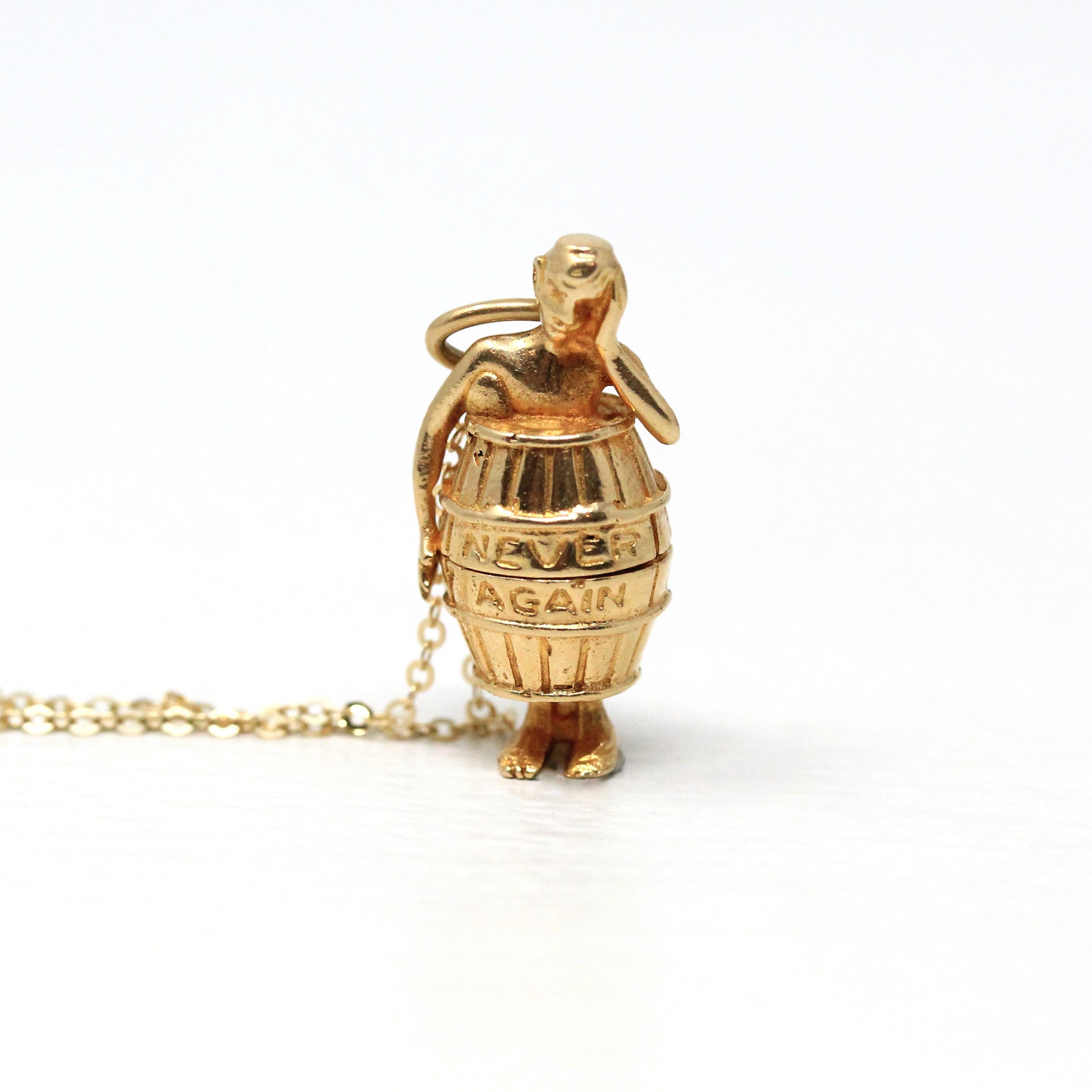 Man In Barrel Charm - Retro 14k Yellow Gold Figural "Never Again" Drunk Gambling Necklace Pendant - Vintage Fine Locket Keepsake Jewelry