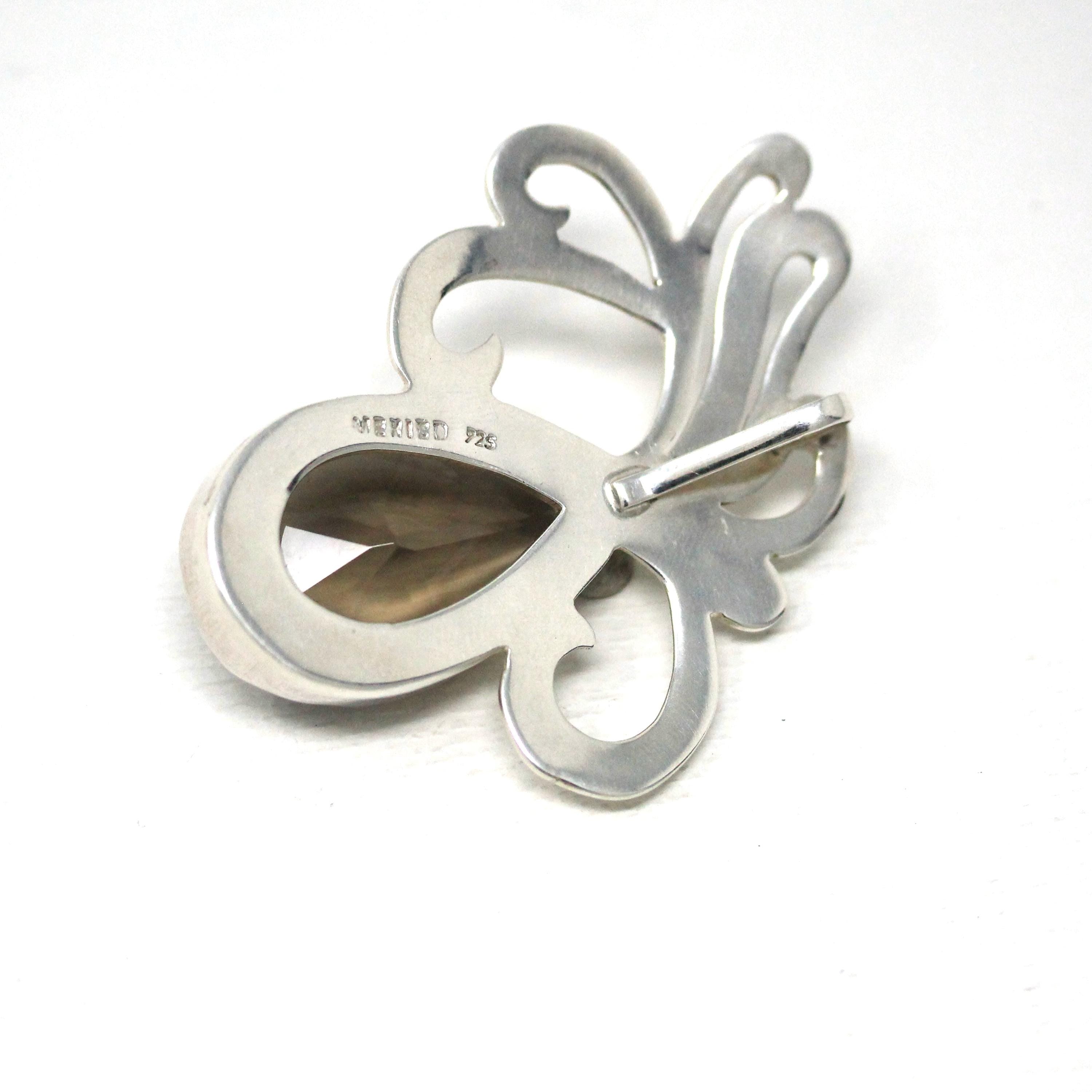 Artisan Silver Pendant - Modern Estate Pierced Scroll Metalwork - Circa 2000's Faceted Smokey Glass Teardrop Gem Amulet Fashion Jewelry