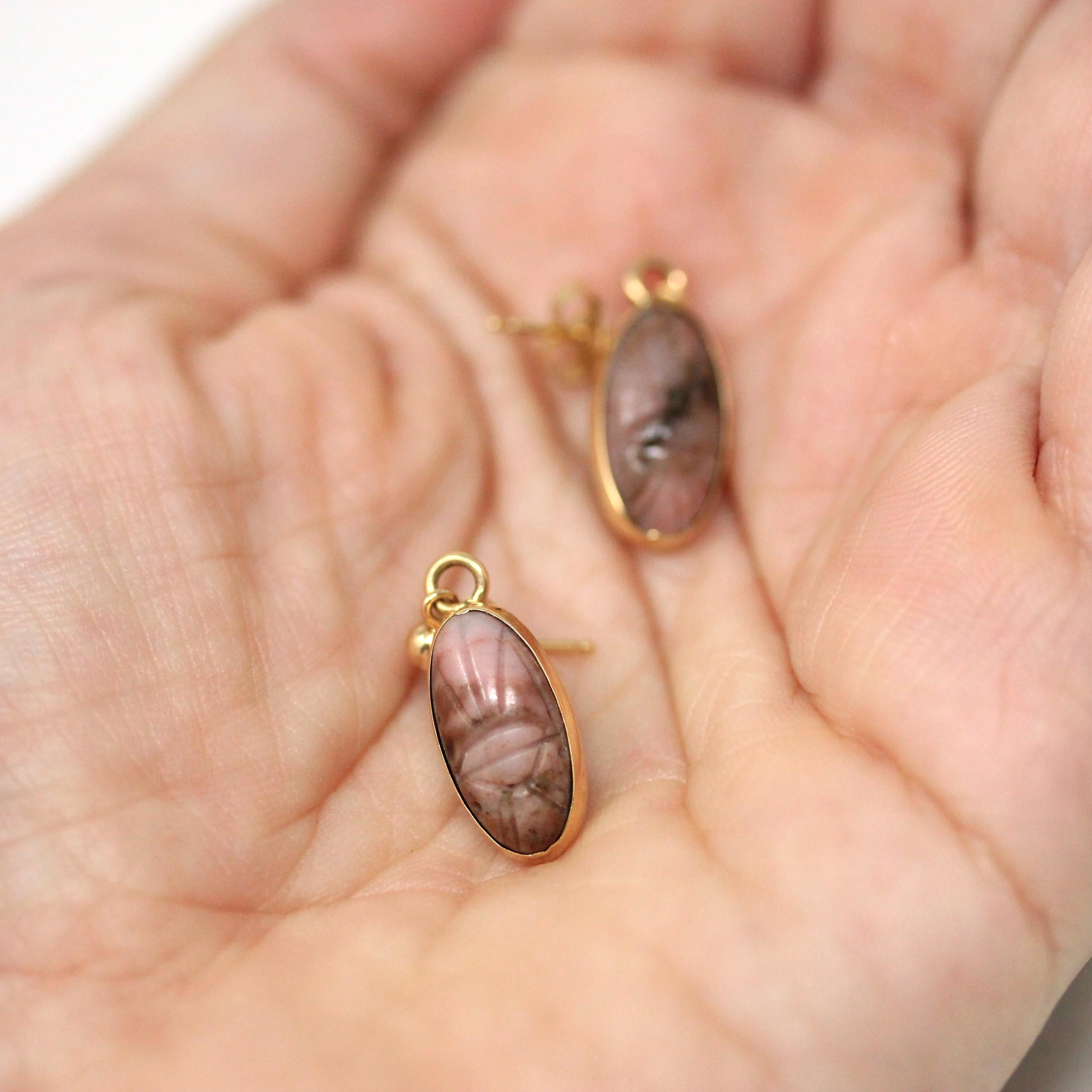 Vintage Scarab Earrings - Retro 14k Yellow Gold Carved Genuine Rhodonite Gemstone - Circa 1960s Era Egyptian Revival Style Beetle Jewelry