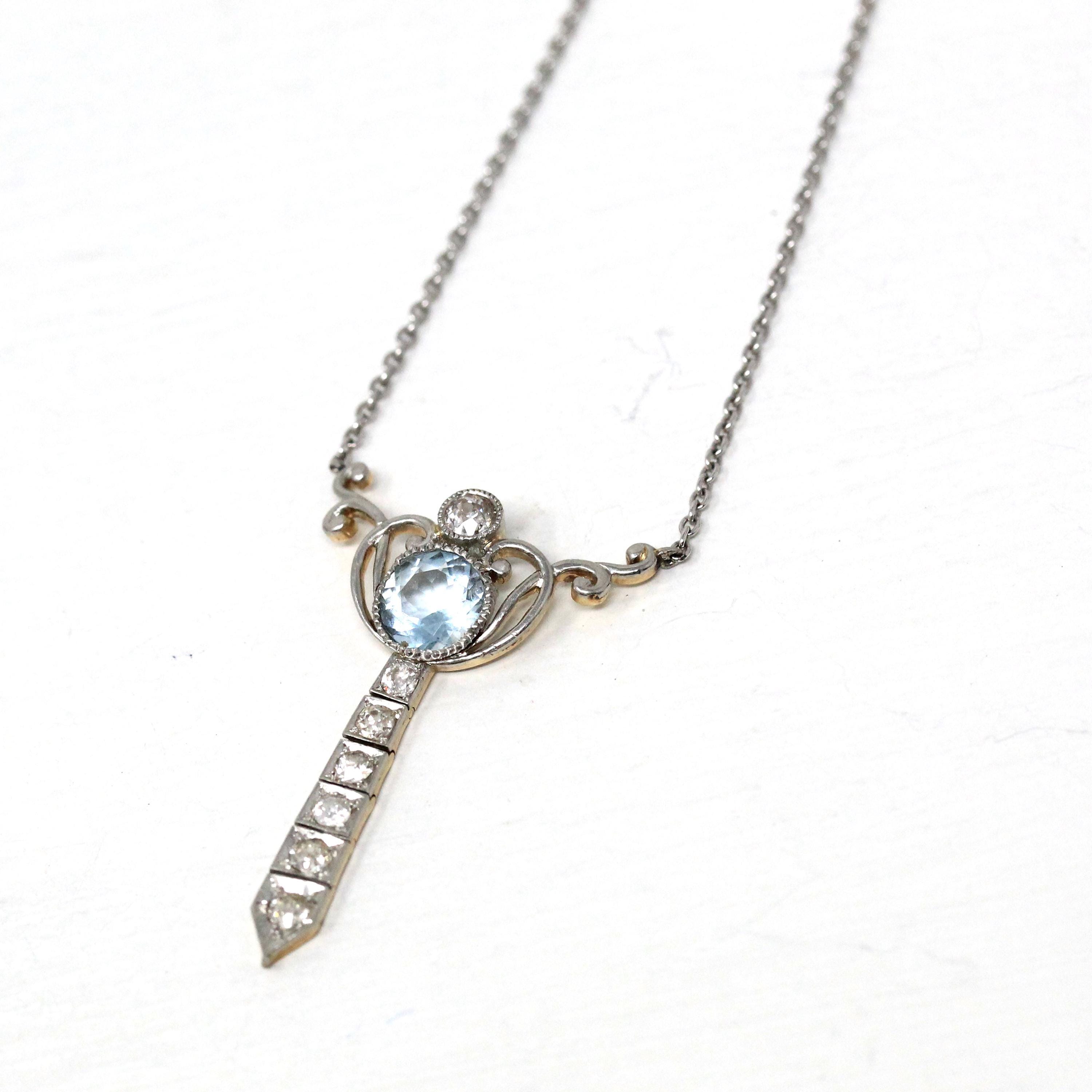 Edwardian Lavalier Necklace - Antique Platinum and 14k Yellow Gold Genuine Blue Aquamarine & Diamond Pendant - Circa 1910s Era Fine Jewelry