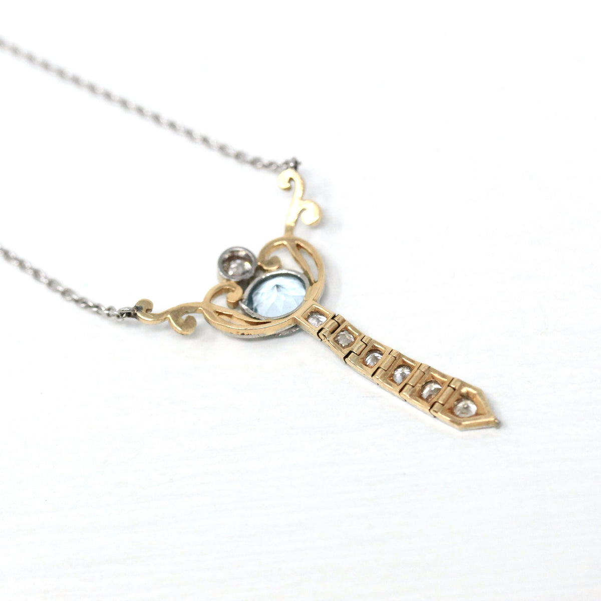 Edwardian Lavalier Necklace - Antique Platinum and 14k Yellow Gold Natural Blue Aquamarine & Diamond Pendant - Circa 1910s Era Fine Jewelry