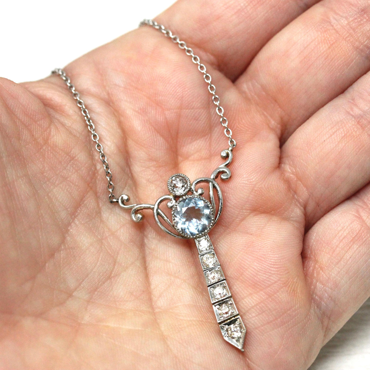 Edwardian Lavalier Necklace - Antique Platinum and 14k Yellow Gold Natural Blue Aquamarine & Diamond Pendant - Circa 1910s Era Fine Jewelry