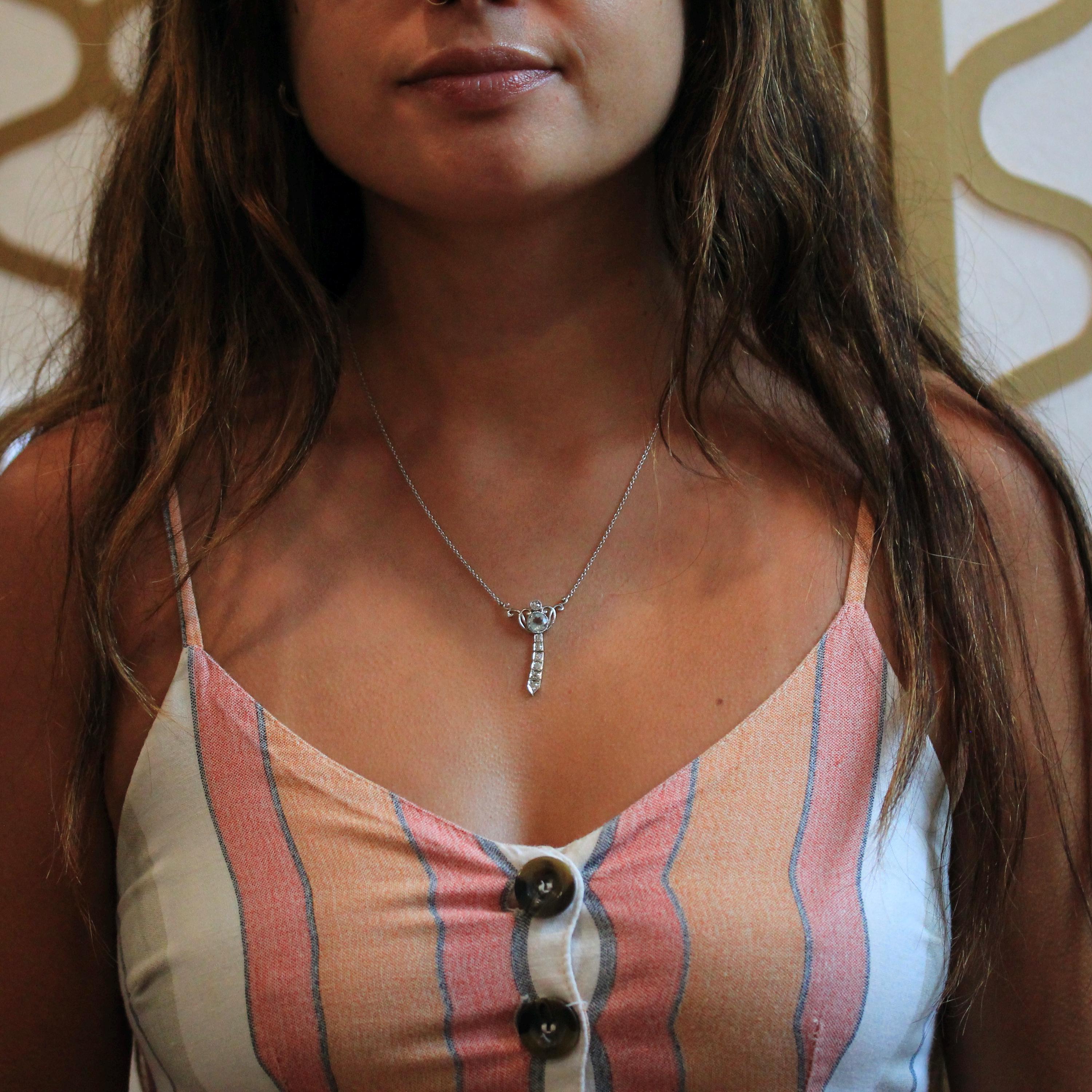 Edwardian Lavalier Necklace - Antique Platinum and 14k Yellow Gold Genuine Blue Aquamarine & Diamond Pendant - Circa 1910s Era Fine Jewelry