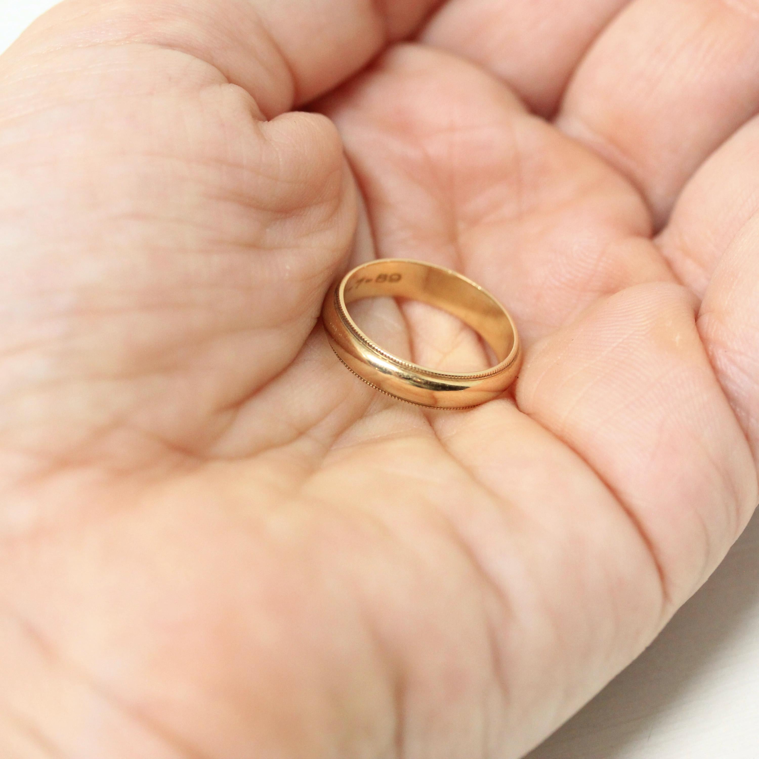 Dated 1989 Band - Modern 14k Yellow Gold Engraved "JEP to NAD 10-7-89" Ring - Estate 1980s Size 4 3/4 Wedding Unisex Milgrain Fine Jewelry