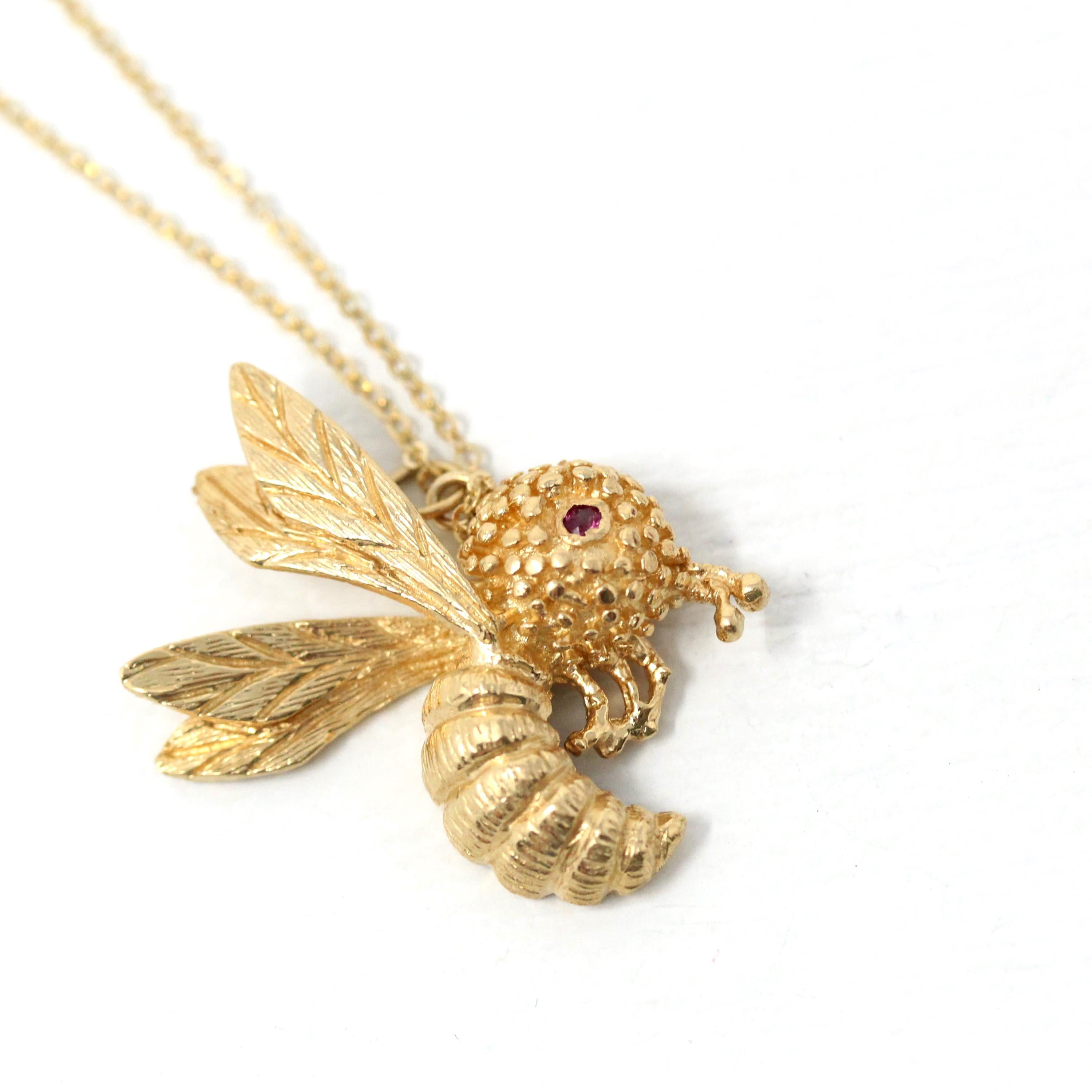 Vintage Wasp Necklace - Estate 14k Yellow Gold Winged Insect - Modern Circa 1980s Era Genuine Red Ruby Eye Bug Bee Hornet Fine 80s Jewelry