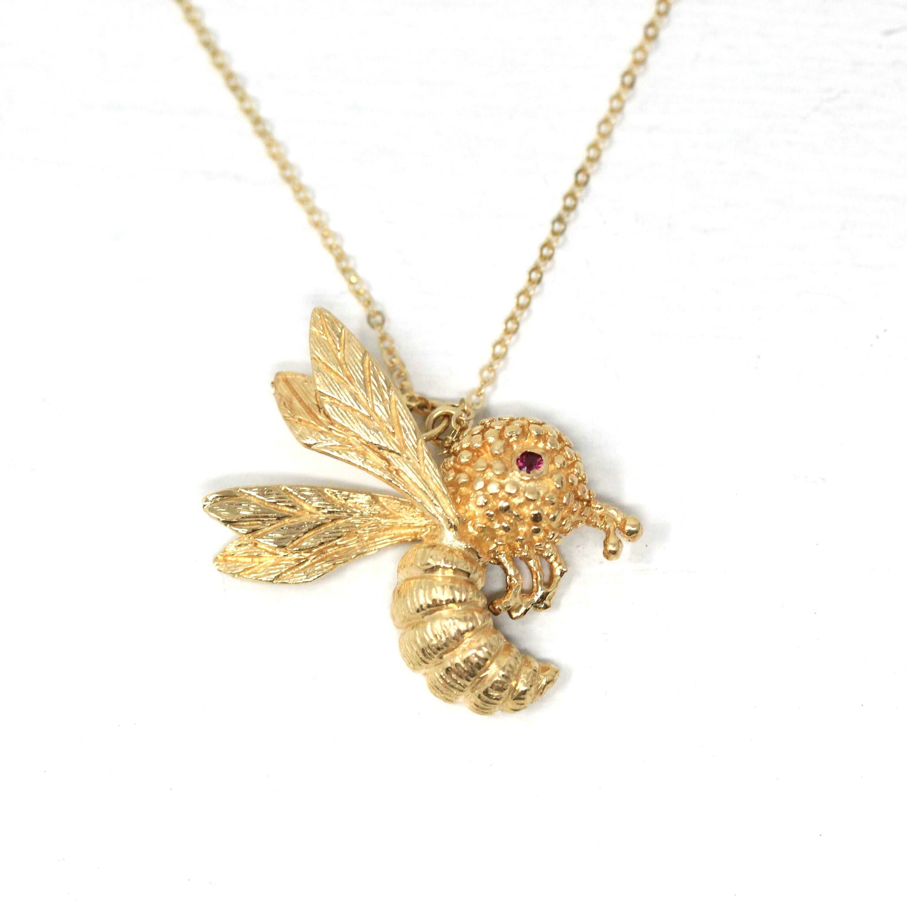 Vintage Wasp Necklace - Estate 14k Yellow Gold Winged Insect - Modern Circa 1980s Era Genuine Red Ruby Eye Bug Bee Hornet Fine 80s Jewelry