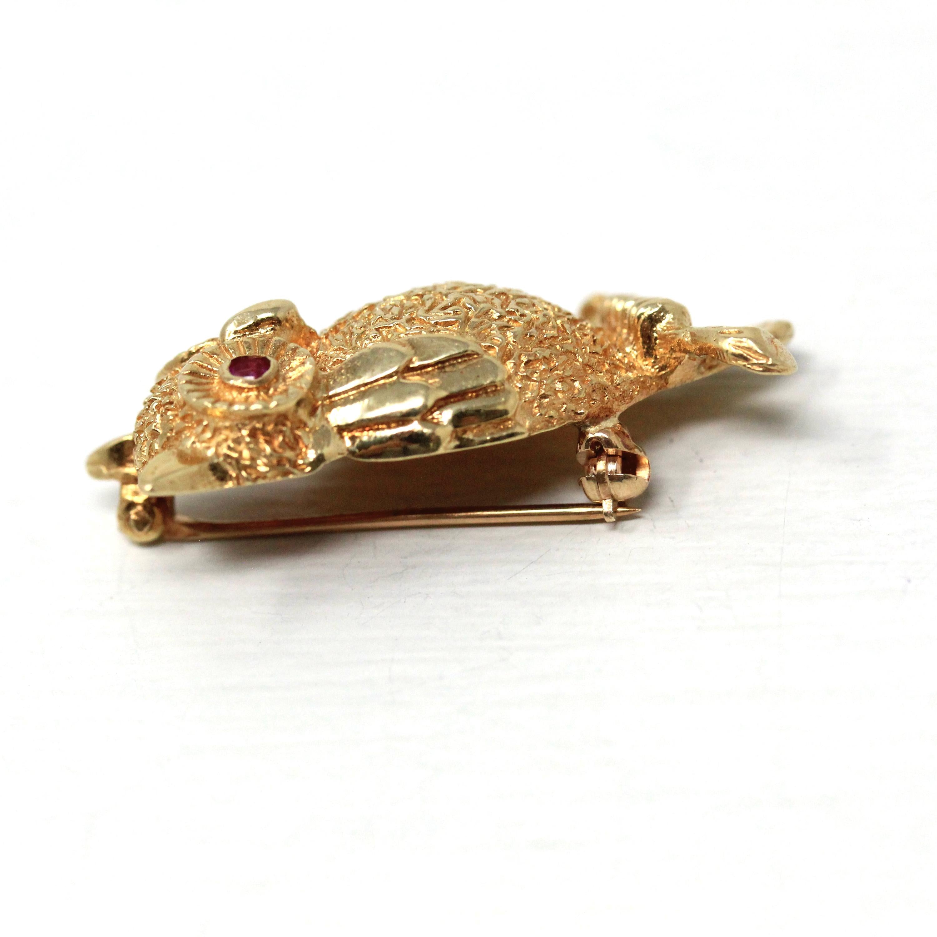 Vintage Owl Brooch - Retro Era 14k Yellow Gold Created Ruby Eyes Winged Animal Pendant - Circa 1960s Figural Gemstone Fine 60s Bird Jewelry