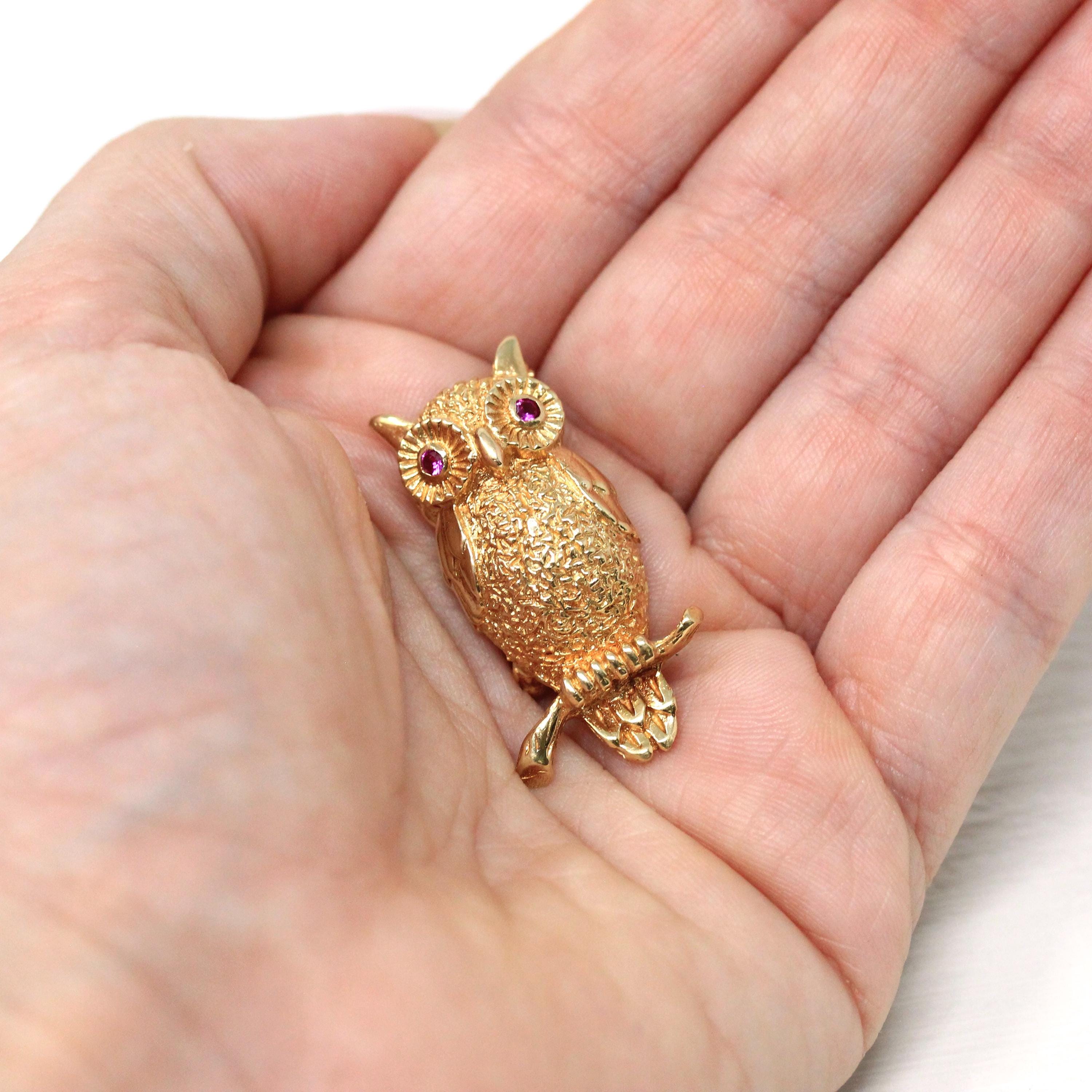 Vintage Owl Brooch - Retro Era 14k Yellow Gold Created Ruby Eyes Winged Animal Pendant - Circa 1960s Figural Gemstone Fine 60s Bird Jewelry