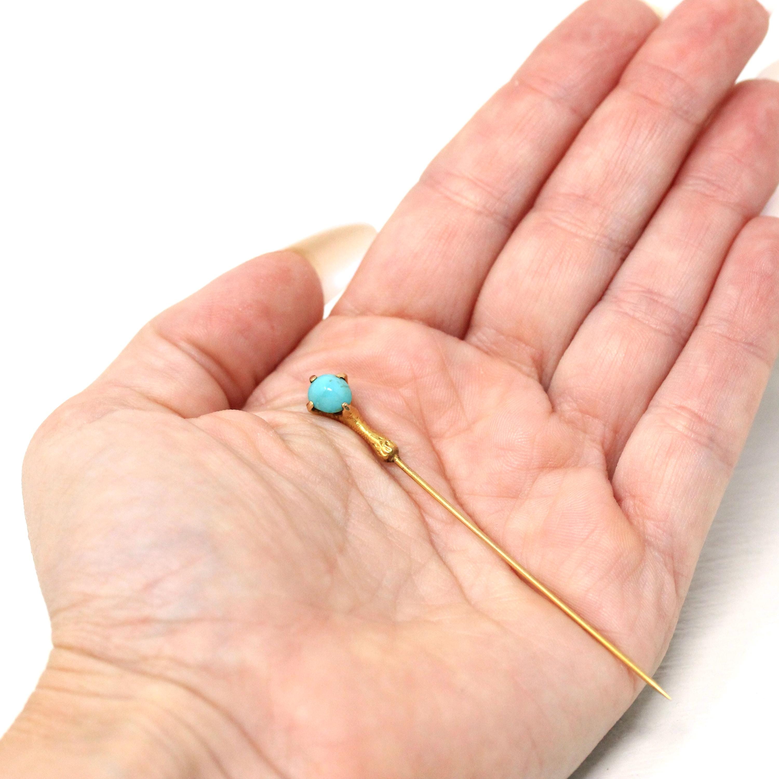 Antique Turquoise Stick Pin - Victorian 14k Yellow Gold Blue Green Cabochon Gemstone - Vintage Circa 1890s Era Bird Talon Claw Fine Jewelry