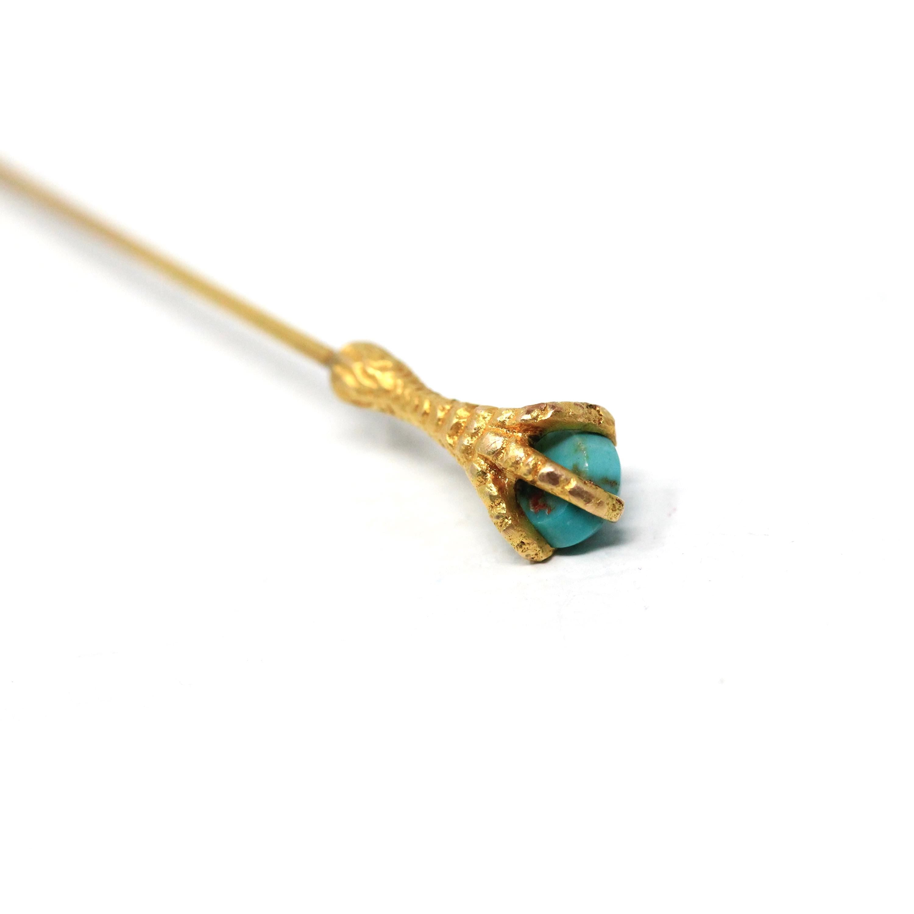 Antique Turquoise Stick Pin - Victorian 14k Yellow Gold Blue Green Cabochon Gemstone - Vintage Circa 1890s Era Bird Talon Claw Fine Jewelry