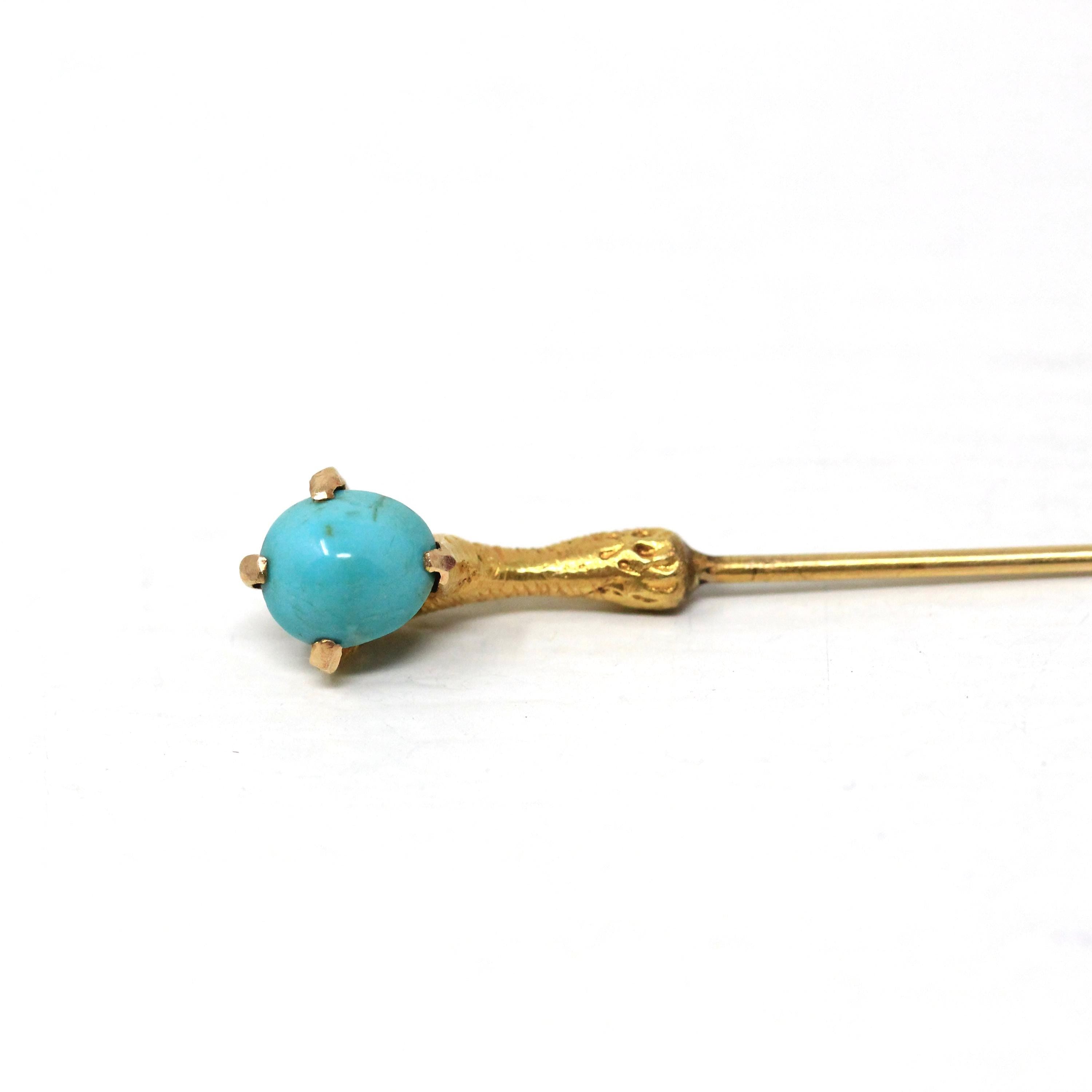 Antique Turquoise Stick Pin - Victorian 14k Yellow Gold Blue Green Cabochon Gemstone - Vintage Circa 1890s Era Bird Talon Claw Fine Jewelry