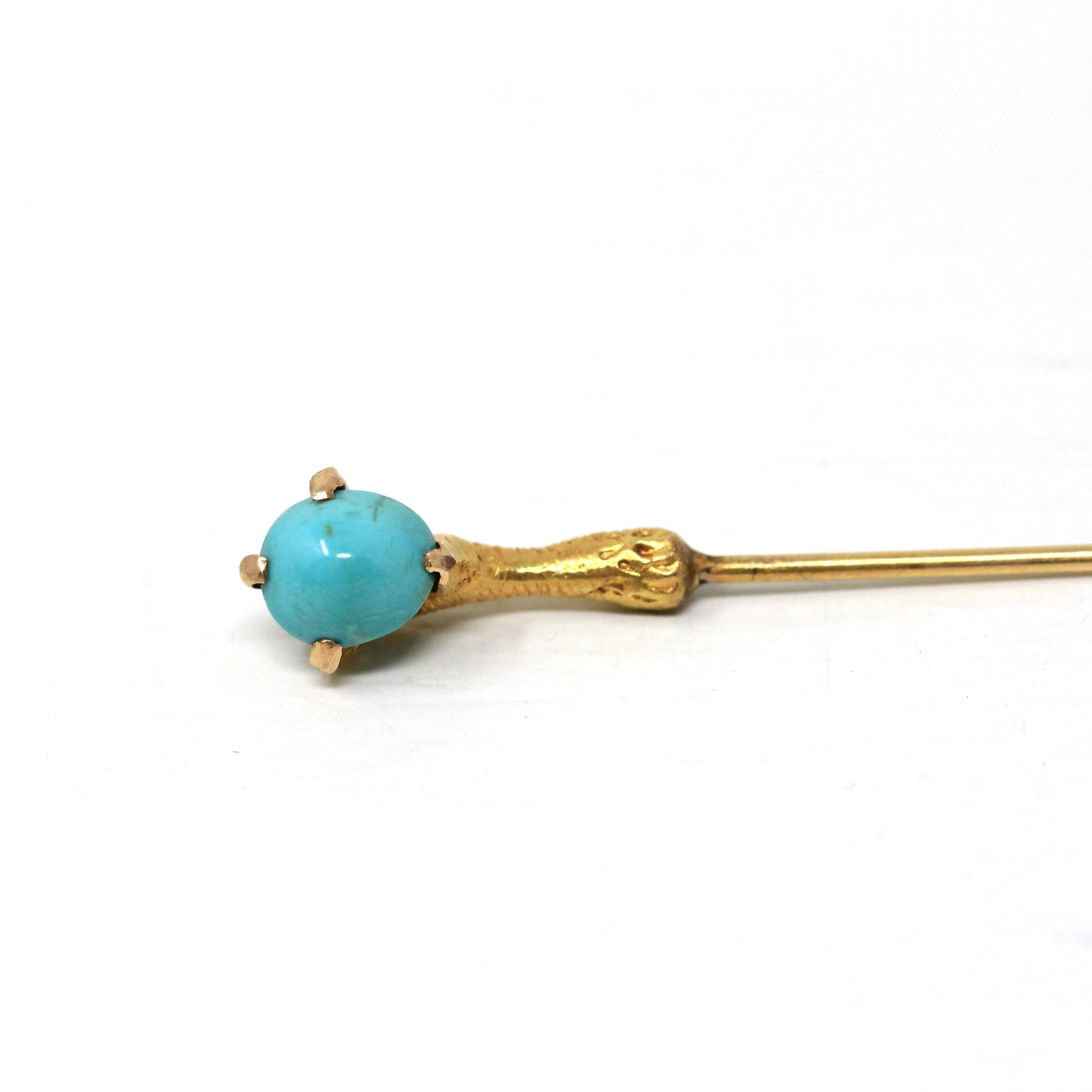 Antique Turquoise Stick Pin - Victorian 14k Yellow Gold Blue Green Cabochon Gemstone - Vintage Circa 1890s Era Bird Talon Claw Fine Jewelry