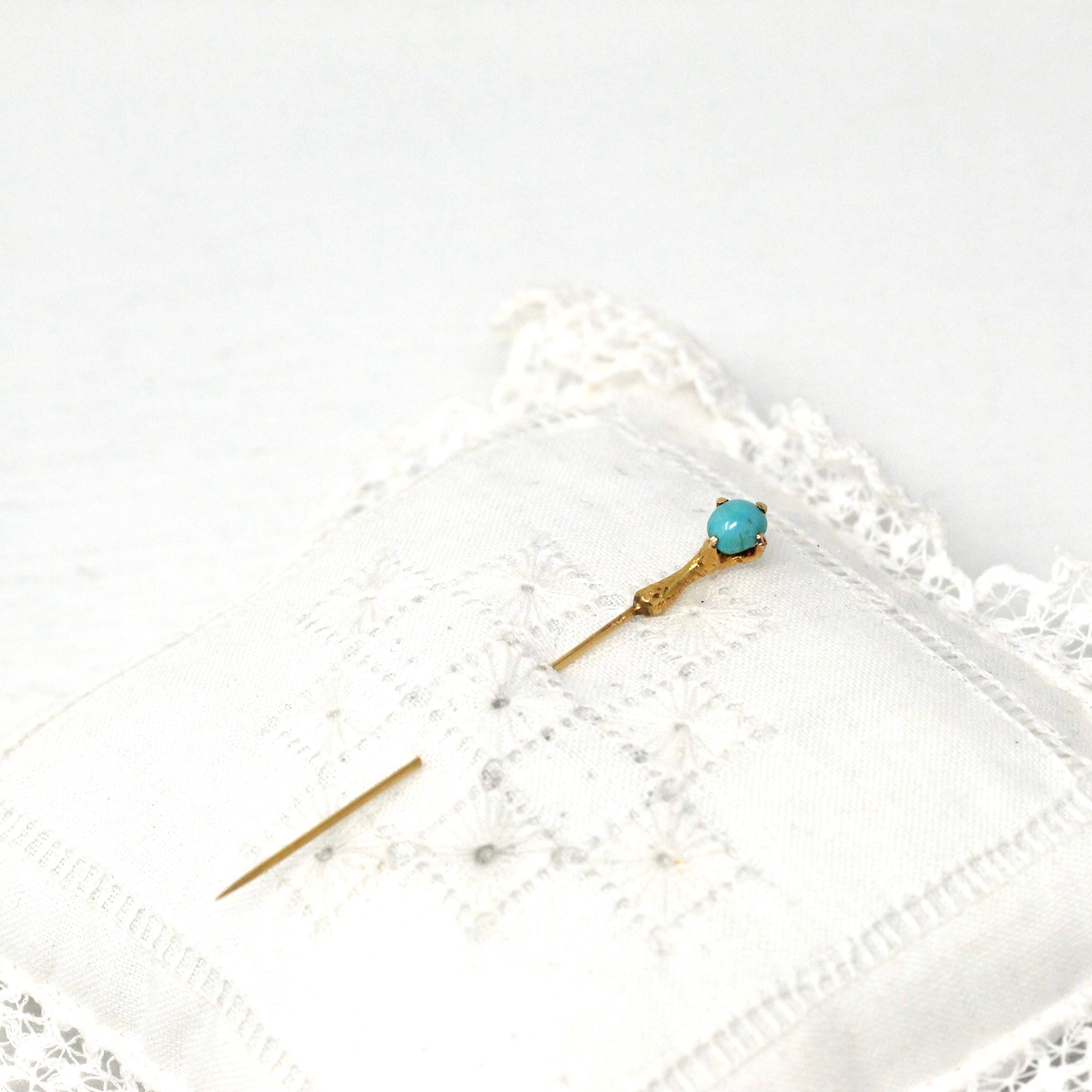 Antique Turquoise Stick Pin - Victorian 14k Yellow Gold Blue Green Cabochon Gemstone - Vintage Circa 1890s Era Bird Talon Claw Fine Jewelry