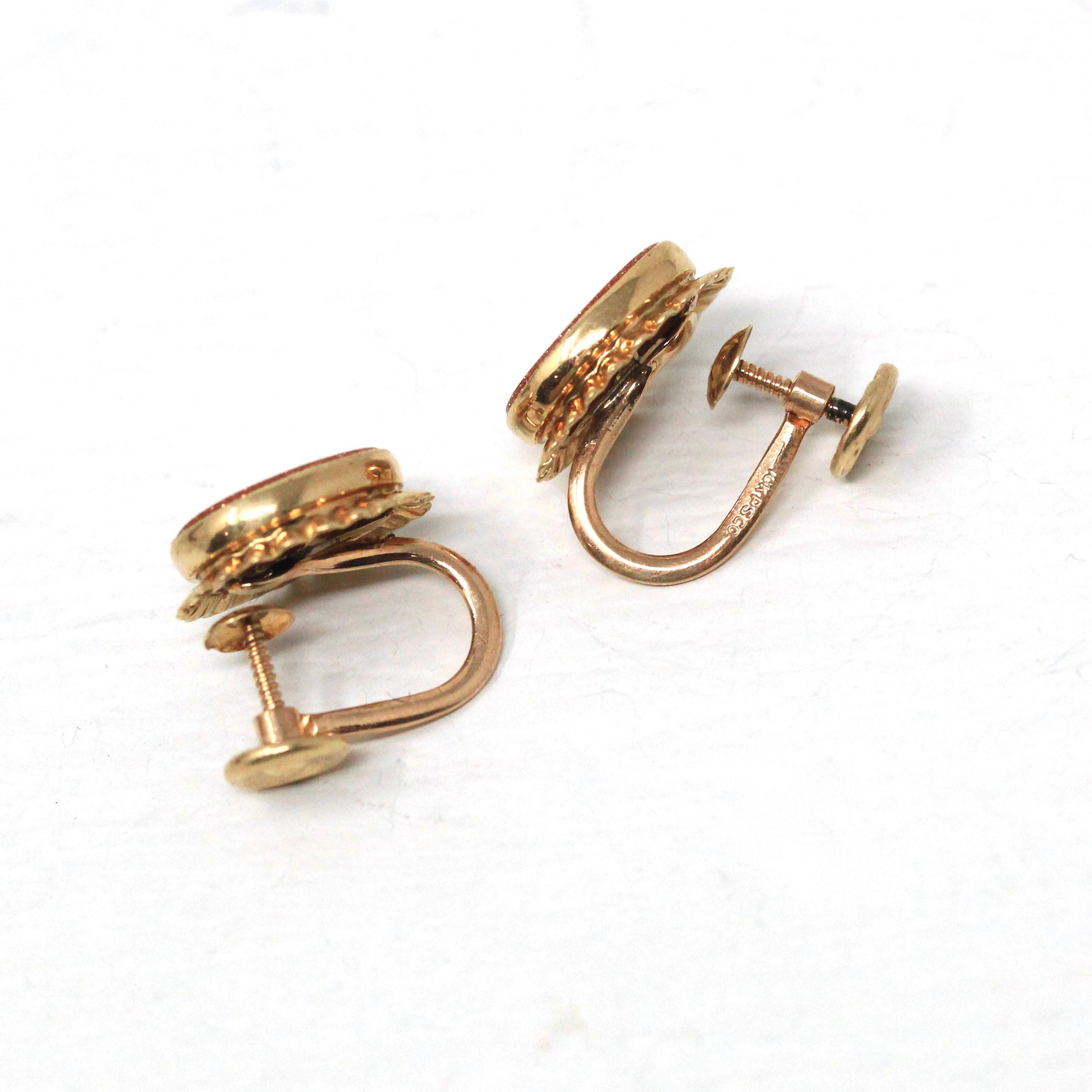 Goldstone Glass Earrings - Retro 10k Rosy Yellow Gold Oval Sparkling Brown Gems - Circa 1960s Era Screw Back Style Fine PSCO Jewelry