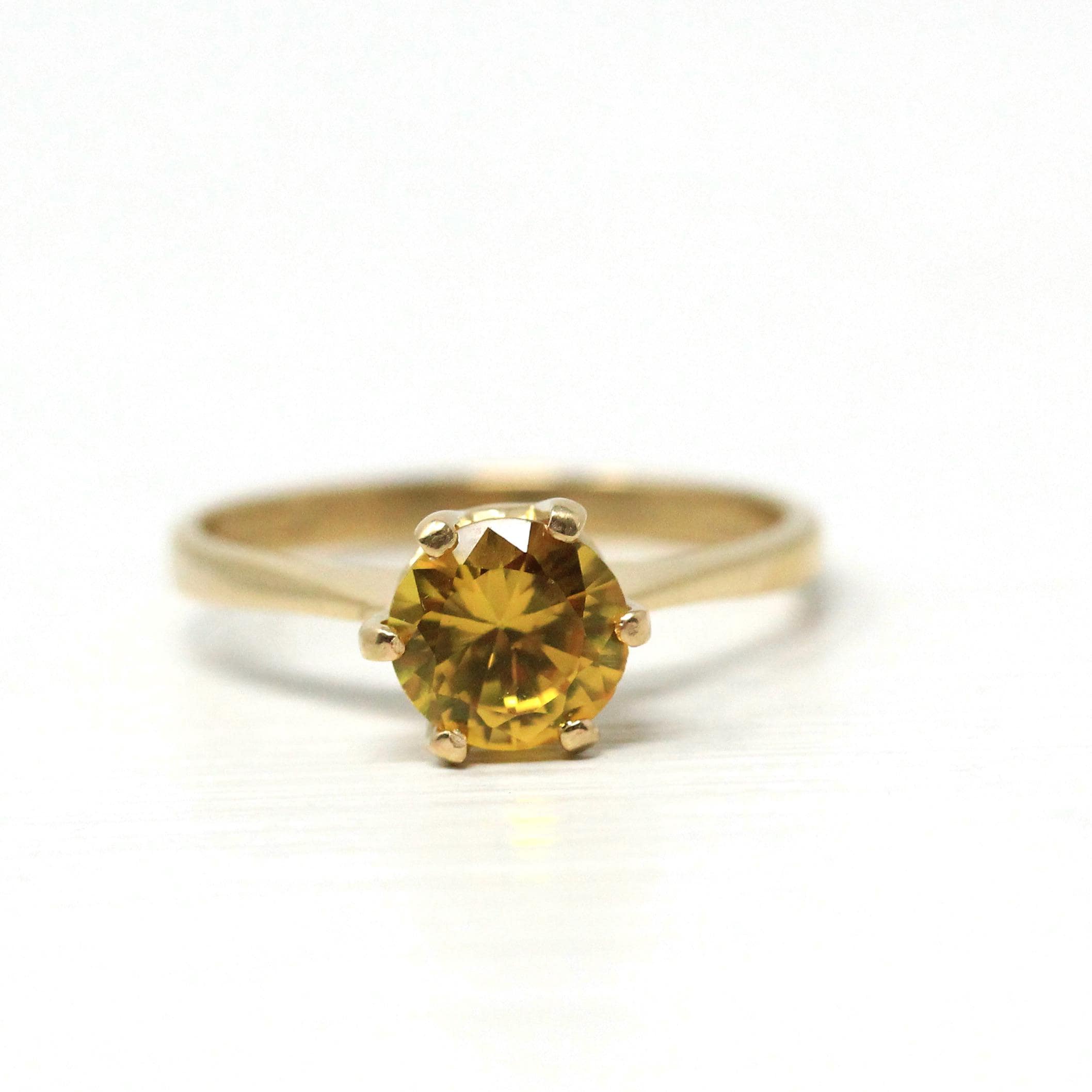 Created Yellow Sapphire Ring - Retro 10k Gold Round Faceted 1.09 CT Gem - Vintage 1960s Era Size 6 Solitaire Alternative Engagement Jewelry