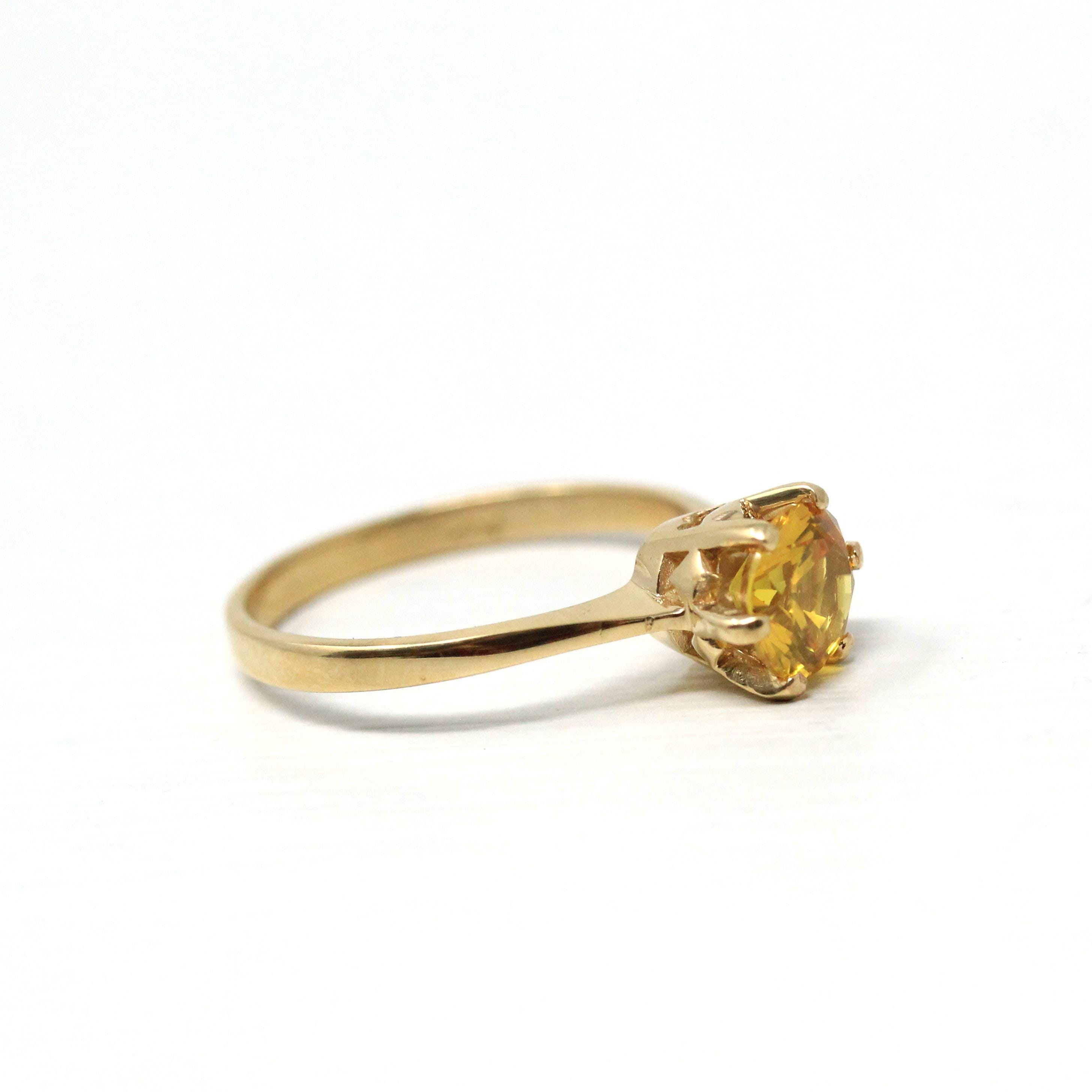 Created Yellow Sapphire Ring - Retro 10k Gold Round Faceted 1.09 CT Gem - Vintage 1960s Era Size 6 Solitaire Alternative Engagement Jewelry