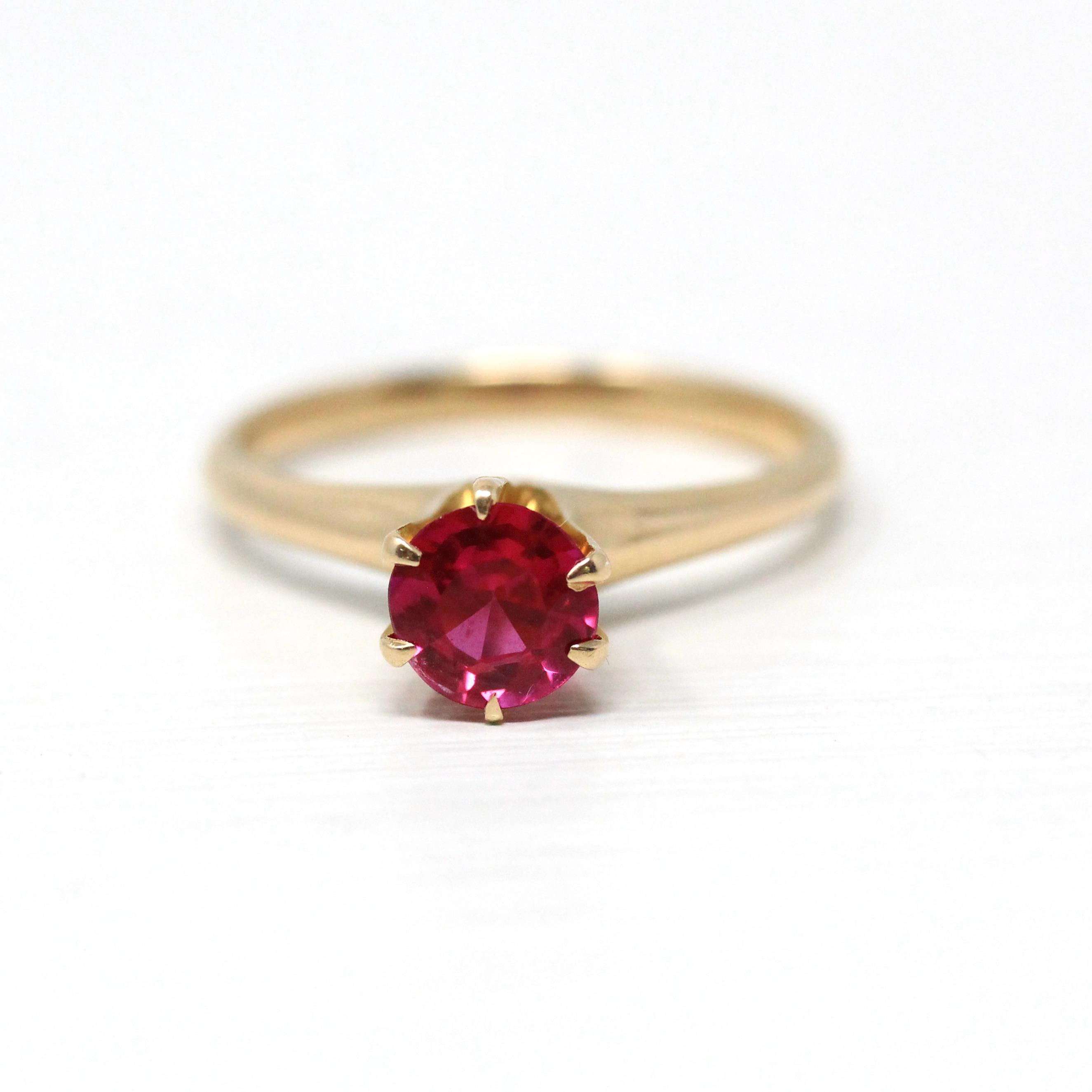 Created Ruby Ring - Retro 14k Yellow Gold Round Faceted Reddish Pink Stone - Vintage Circa 1960s Era Size 5 1/2 July Birthstone Fine Jewelry