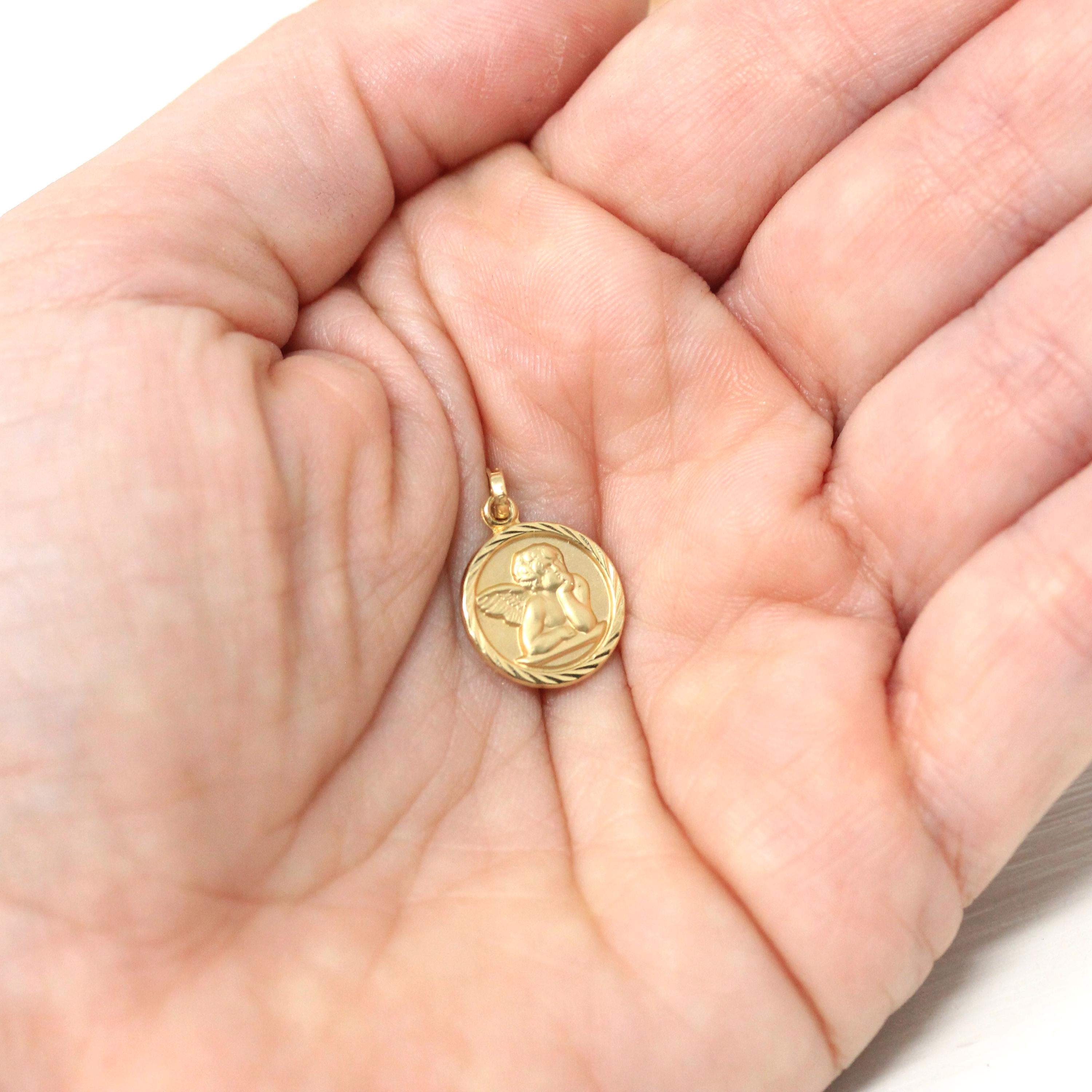 Dainty Cupid Charm - Modern 14k Yellow Gold Round Matte Winged Angel Pendant Necklace - Circa 1990s New Old Stock Figural NOS Fine Jewelry