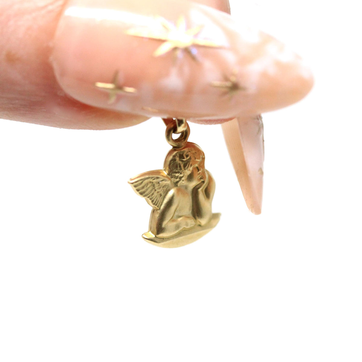 Dainty Cupid Charm - Modern 14k Yellow Gold Thinking Winged Angel Pendant Necklace - Circa 1990s New Old Stock Figural NOS Fine 90s Jewelry