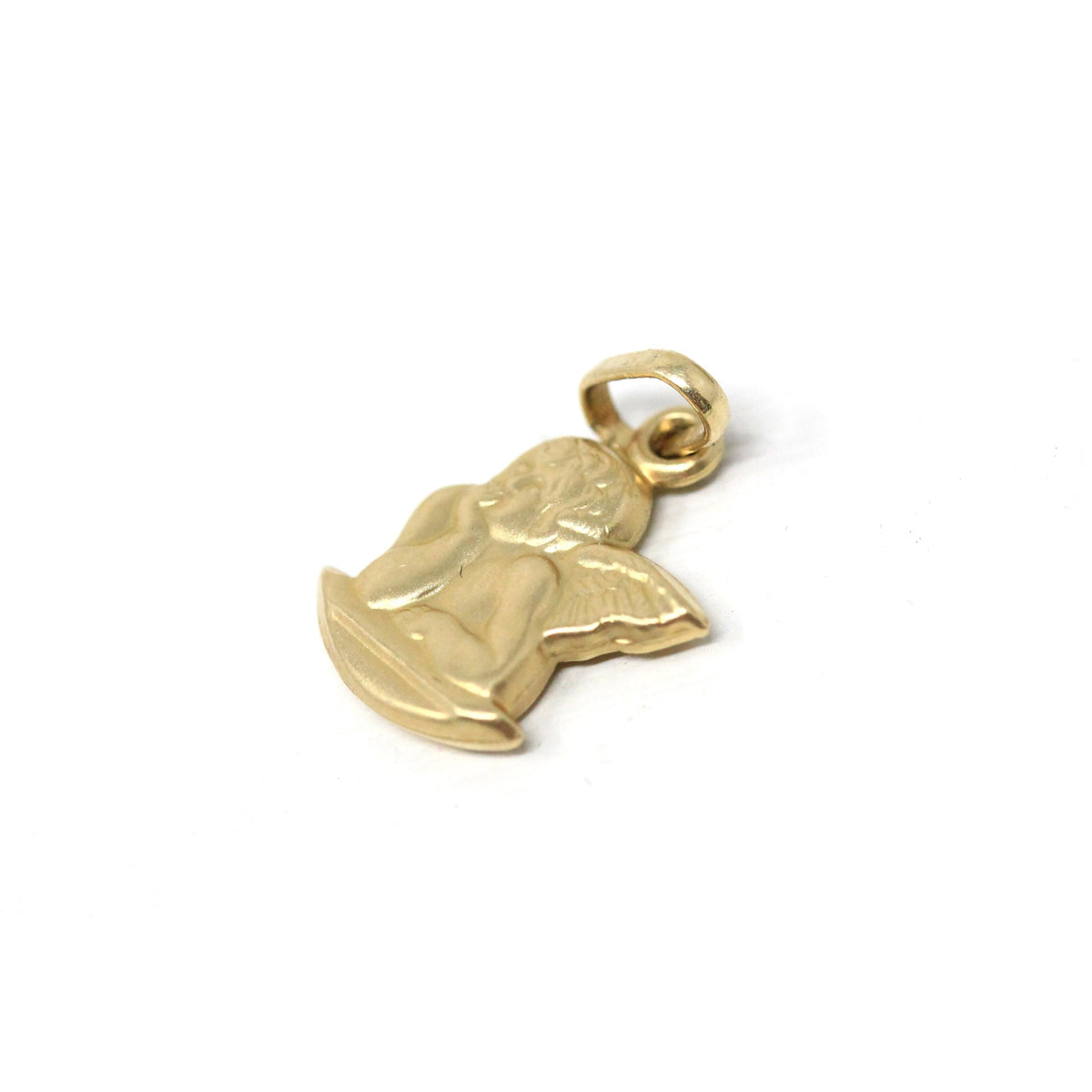 Dainty Cupid Charm - Modern 14k Yellow Gold Thinking Winged Angel Pendant Necklace - Circa 1990s New Old Stock Figural NOS Fine 90s Jewelry