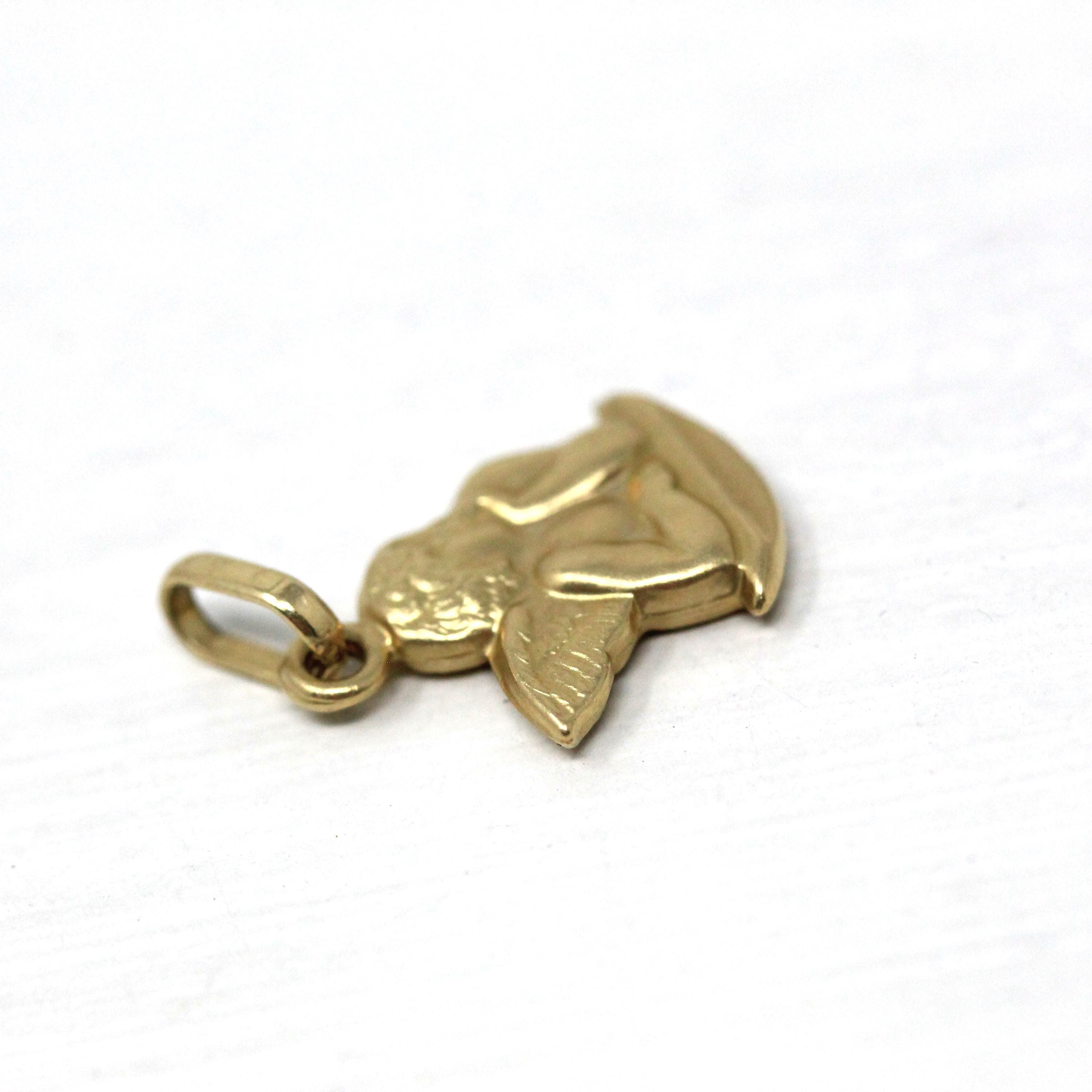 Dainty Cupid Charm - Modern 14k Yellow Gold Thinking Winged Angel Pendant Necklace - Circa 1990s New Old Stock Figural NOS Fine 90s Jewelry