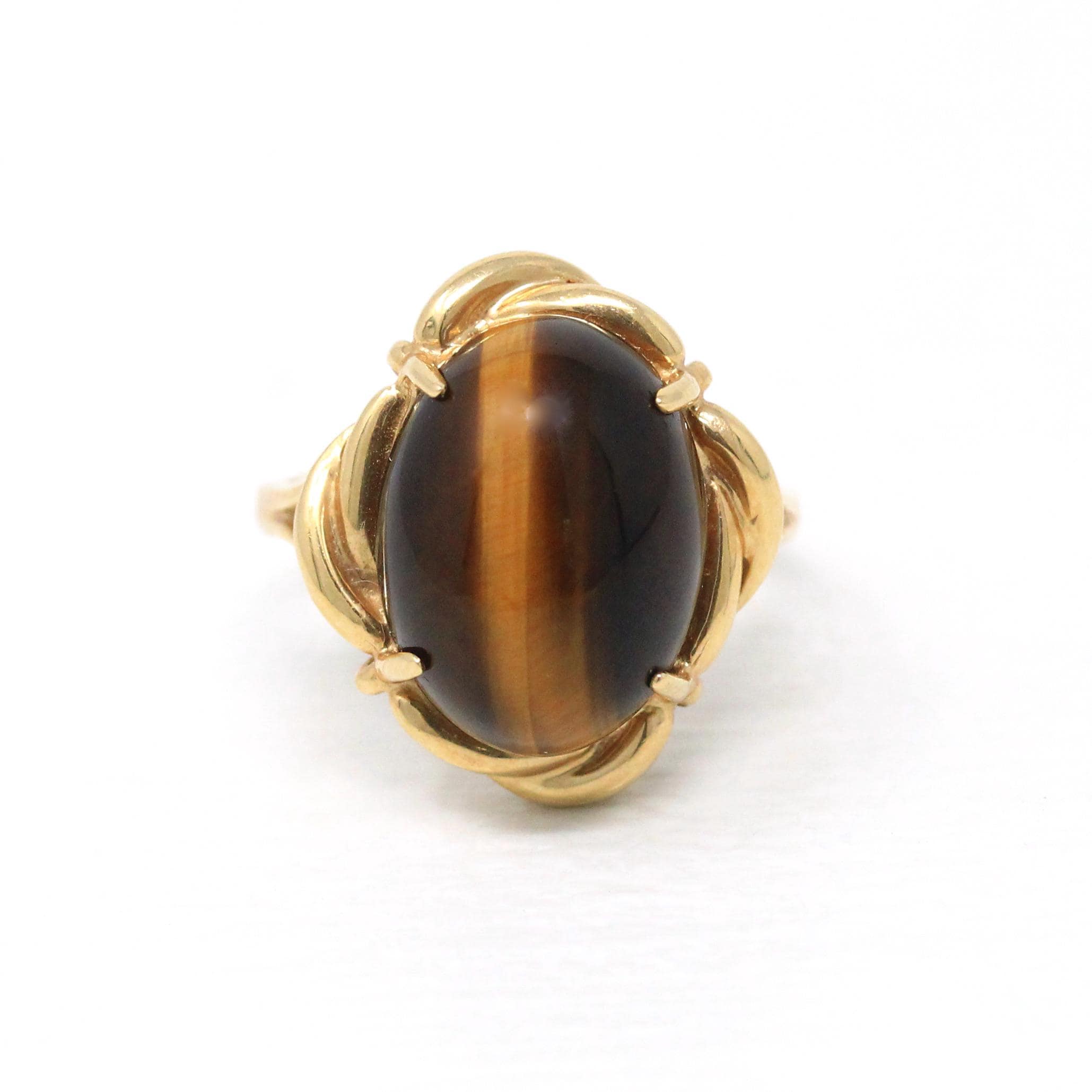 Tiger's Eye Ring - Modern 14k Yellow Gold Cabochon Cut Genuine Chatoyant Gemstone - Estate Circa 2000s Era Size 7 3/4 Statement Fine Jewelry