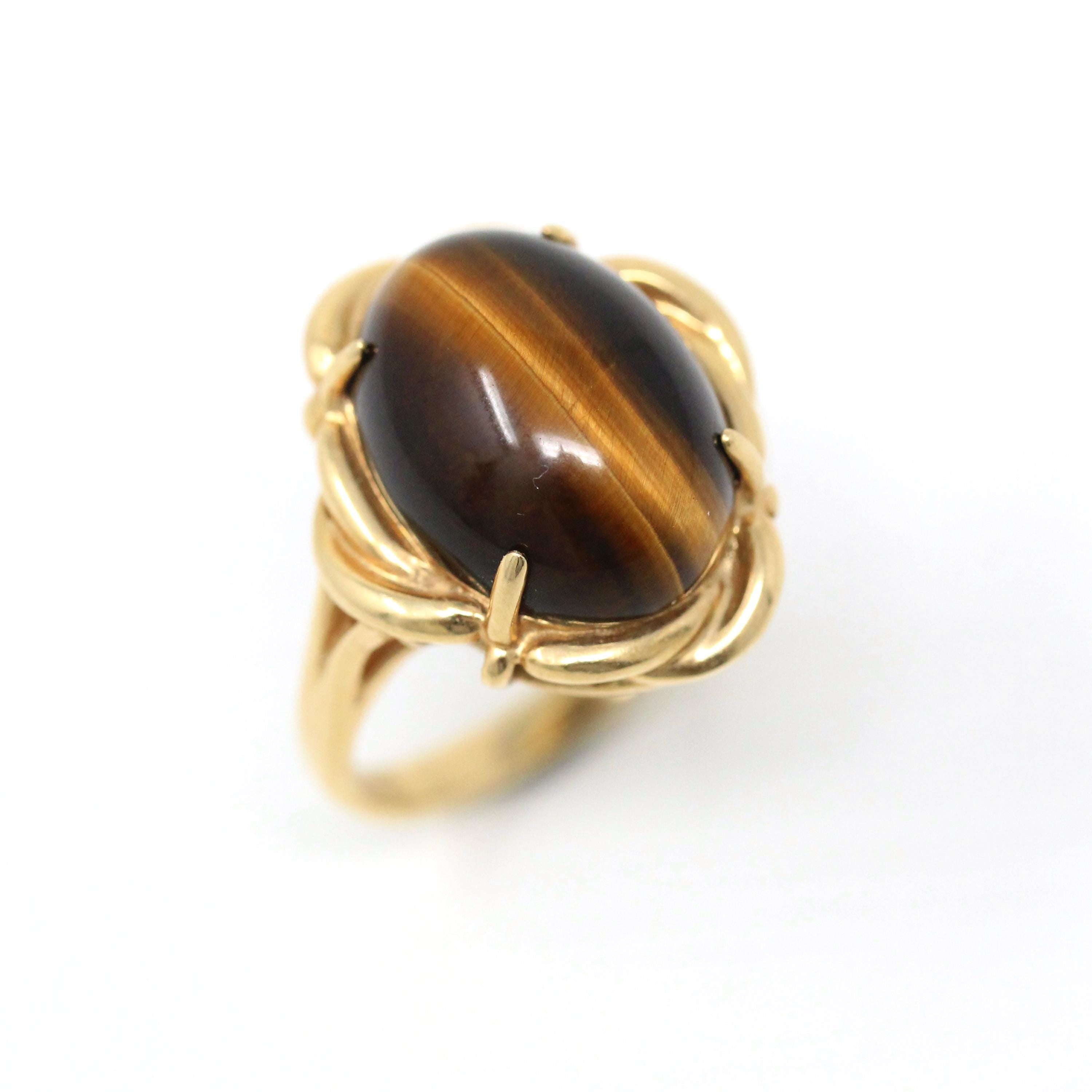 Tiger's Eye Ring - Modern 14k Yellow Gold Cabochon Cut Genuine Chatoyant Gemstone - Estate Circa 2000s Era Size 7 3/4 Statement Fine Jewelry