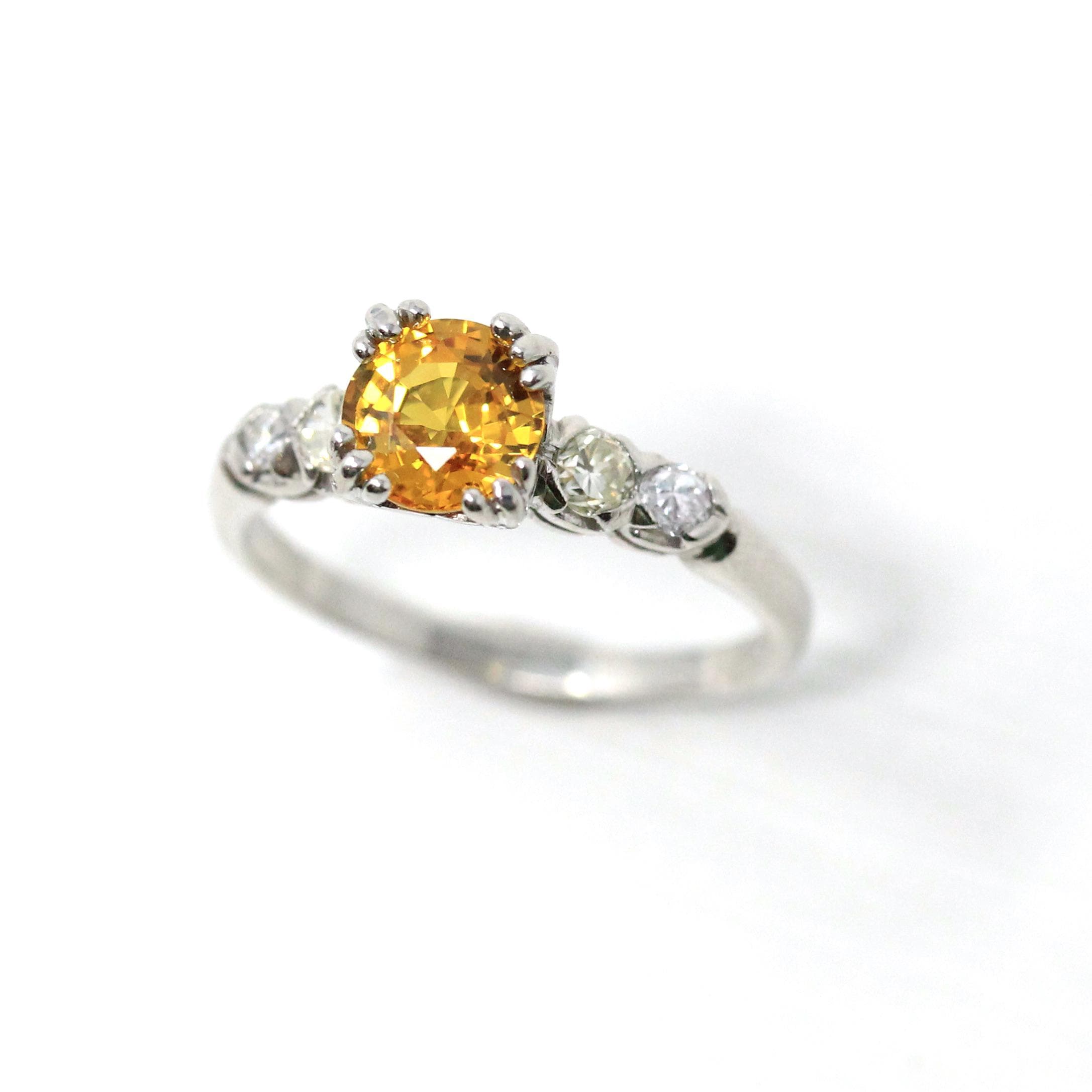 Yellow Sapphire & Diamond Ring - Mid Century Platinum Alternative Engagement Ring Genuine Gemstones - Vintage 1950s Size 5 Report Jewelry