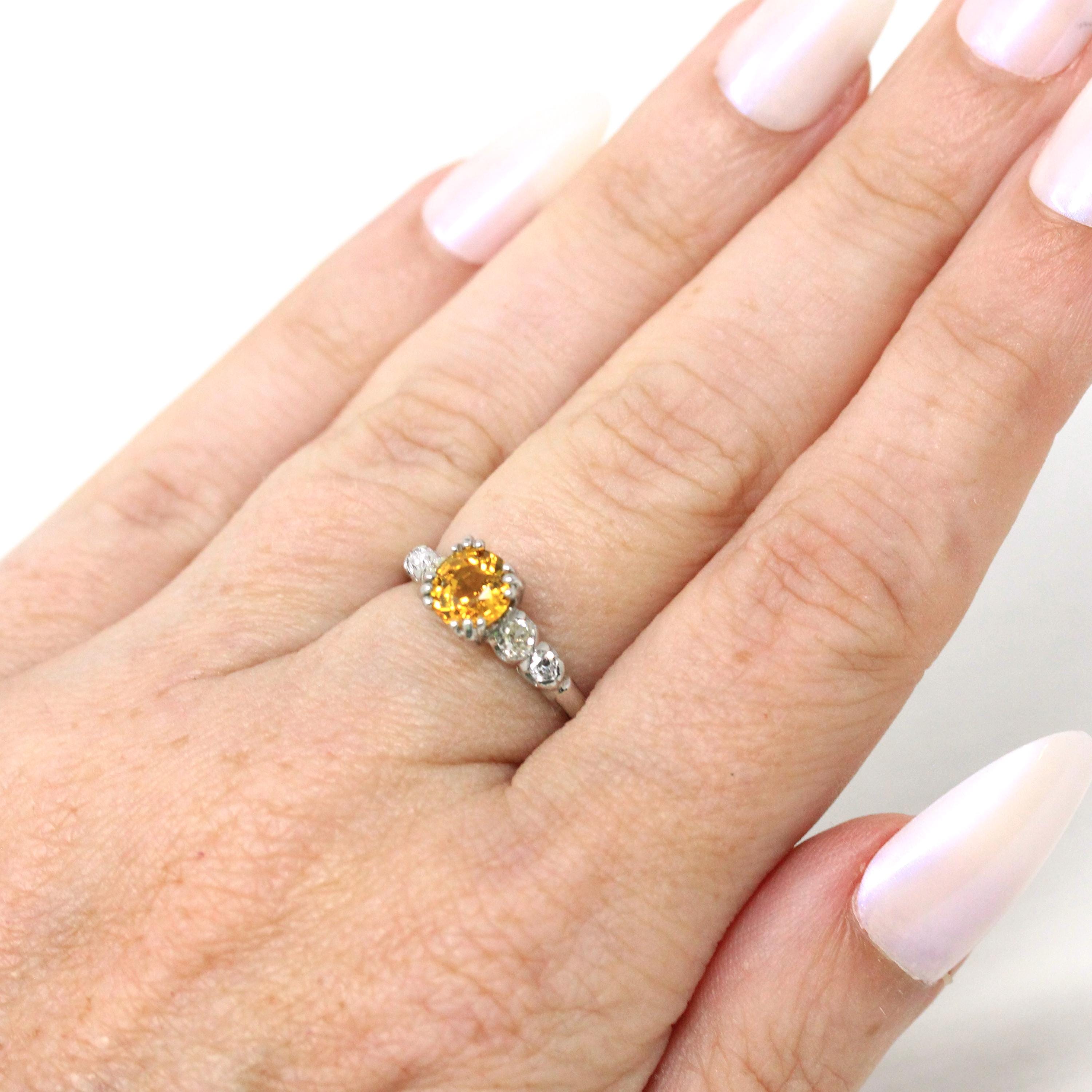 Yellow Sapphire & Diamond Ring - Mid Century Platinum Alternative Engagement Ring Genuine Gemstones - Vintage 1950s Size 5 Report Jewelry