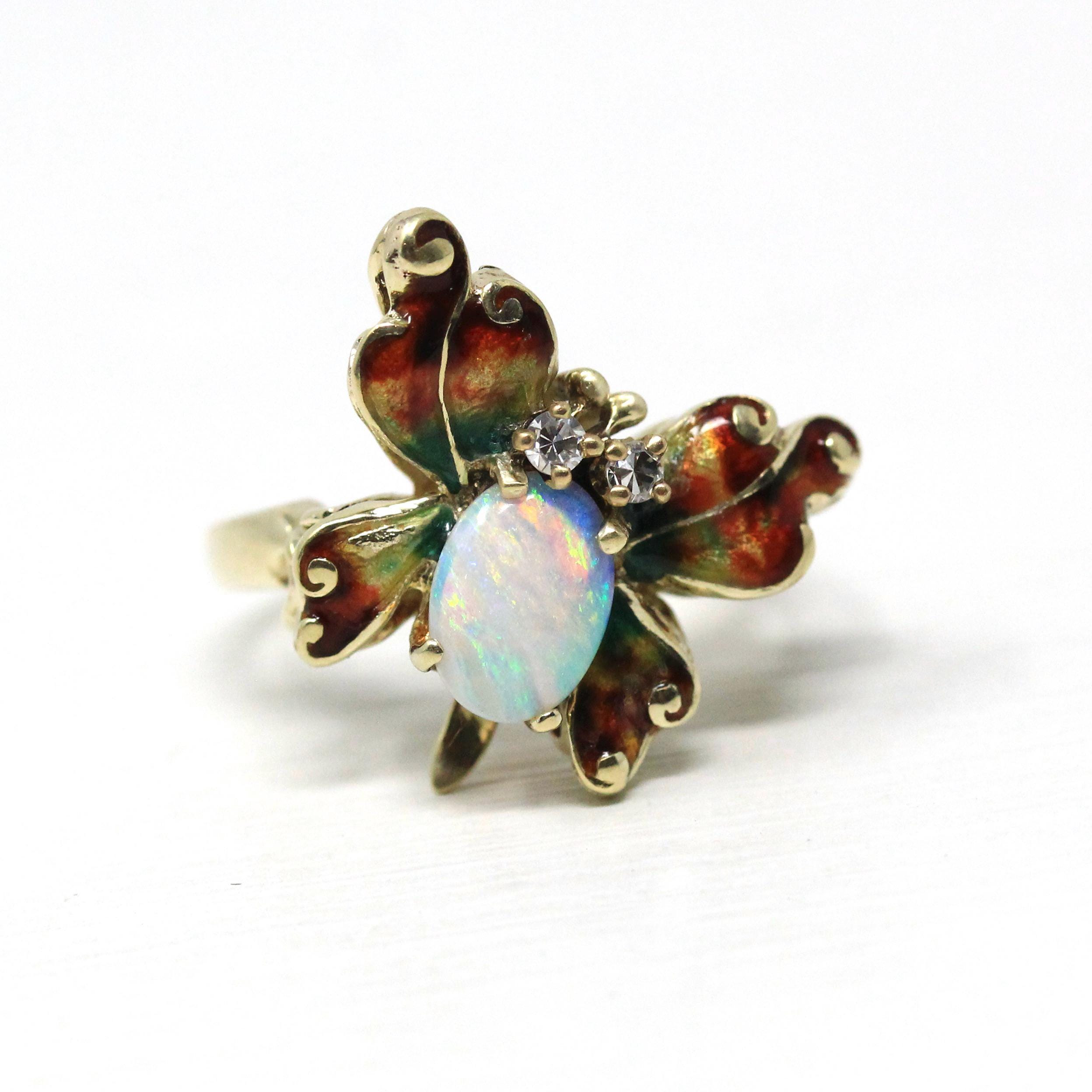 Vintage Butterfly Ring - Retro Era 14k Yellow Gold Genuine Opal & Diamonds - Circa 1970s Era Size 5.25 Statement Figural Enamel Fine Jewelry