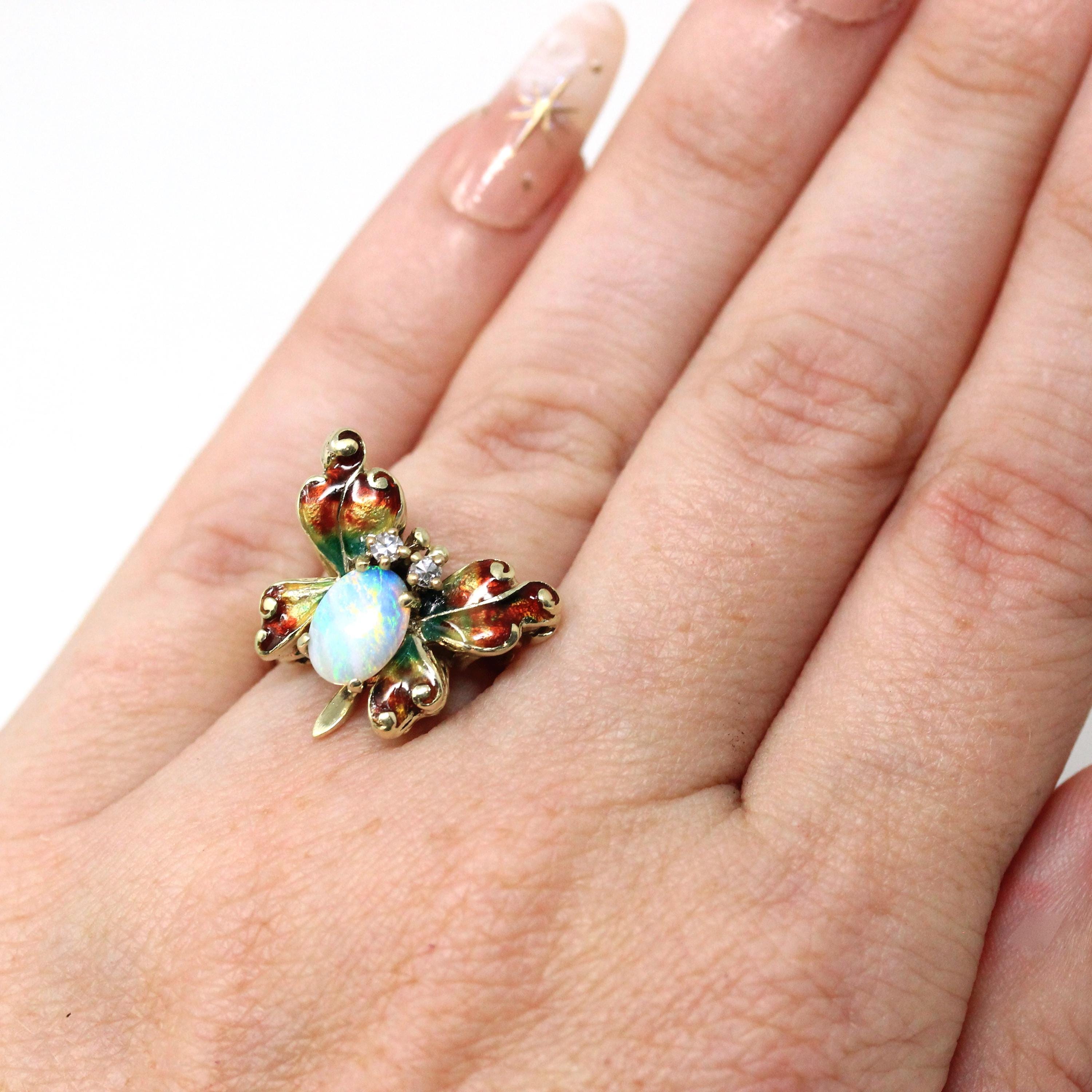 Vintage Butterfly Ring - Retro Era 14k Yellow Gold Genuine Opal & Diamonds - Circa 1970s Era Size 5.25 Statement Figural Enamel Fine Jewelry