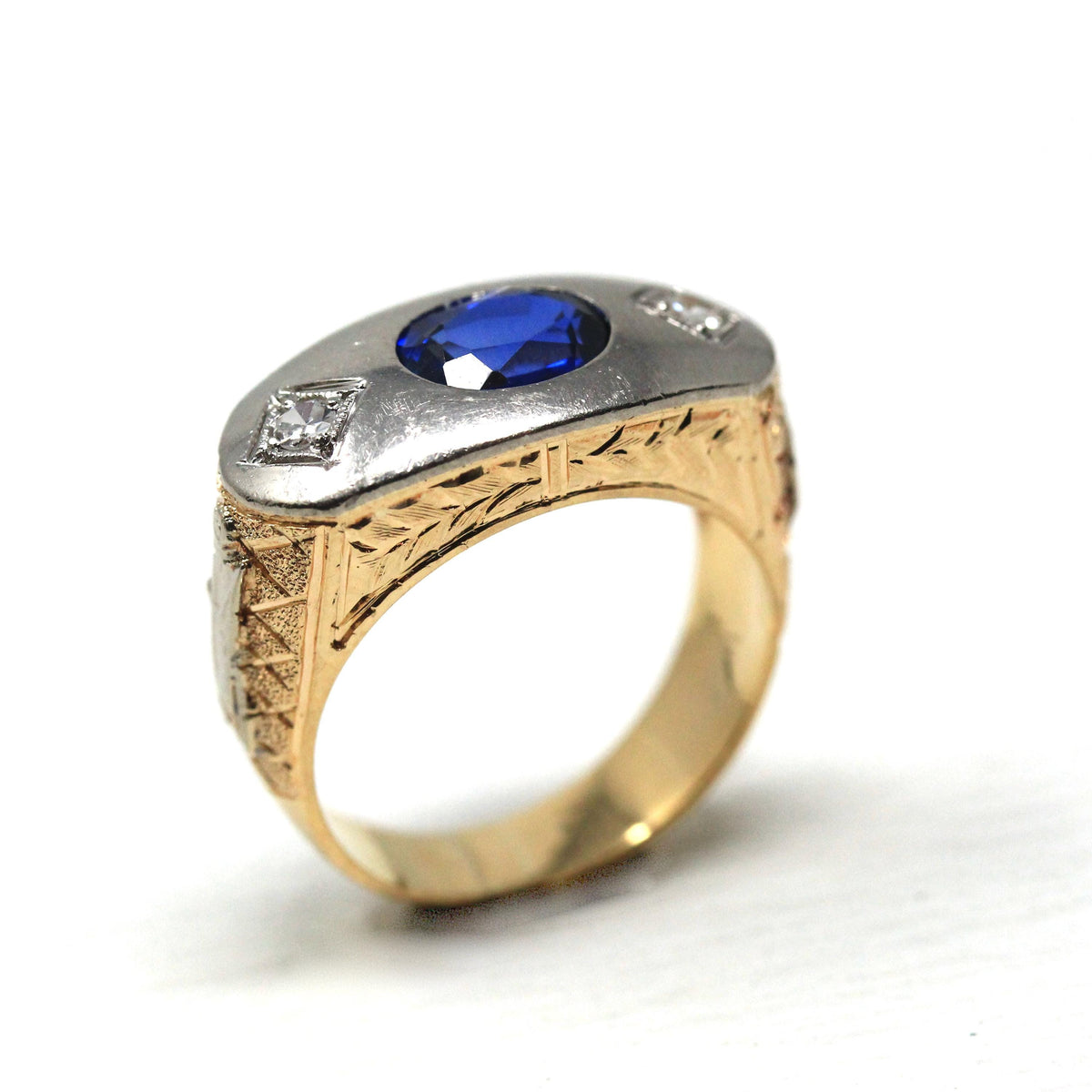 Art Deco Masonic Ring - 14k Rosy Yellow & White Gold Oval Created Sapphire Diamonds - Men's Size 8 Freemason Symbols Statement Fine Jewelry
