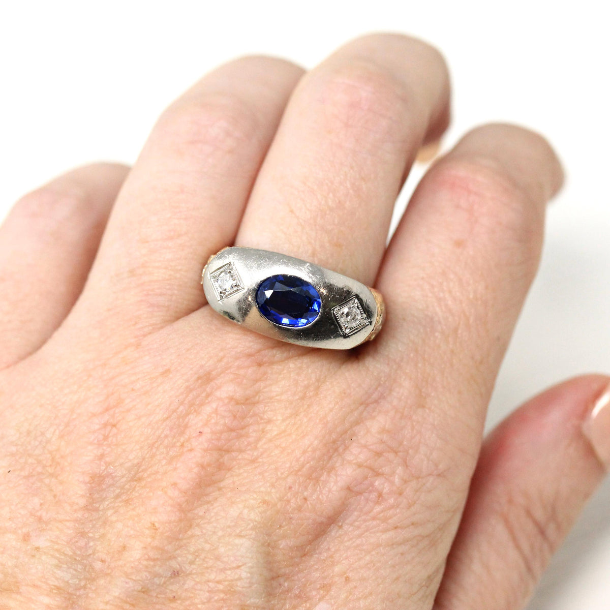 Art Deco Masonic Ring - 14k Rosy Yellow & White Gold Oval Created Sapphire Diamonds - Men's Size 8 Freemason Symbols Statement Fine Jewelry