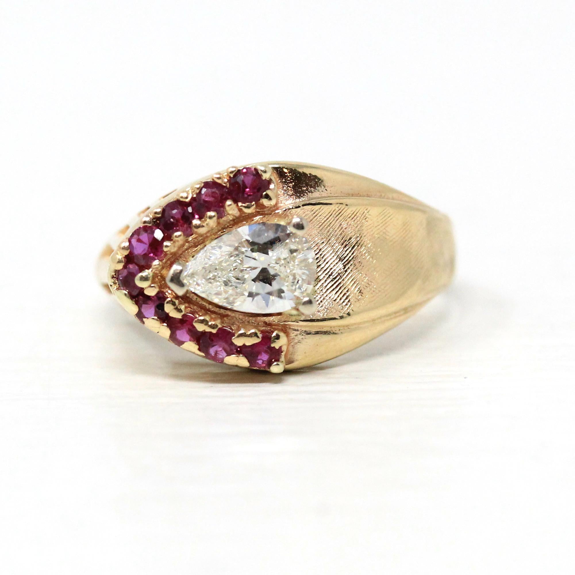 East West Diamond Ring - Vintage Retro Era 14k Yellow Gold Genuine .59 CT Pear Brilliant - Size 7 Alternative Ruby Halo Fine Report Jewelry