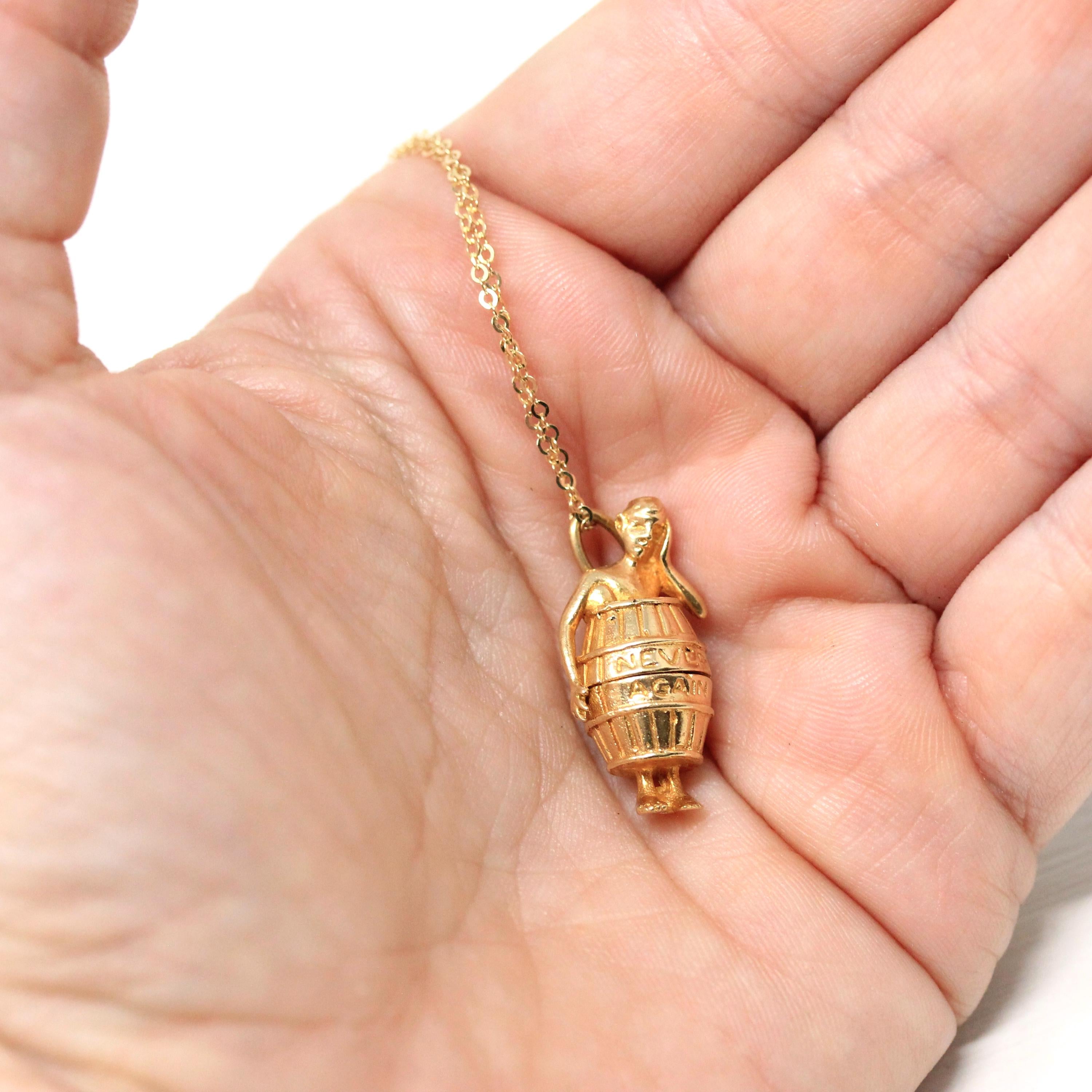 Man In Barrel Charm - Retro 14k Yellow Gold Figural "Never Again" Drunk Gambling Necklace Pendant - Vintage Fine Locket Keepsake Jewelry