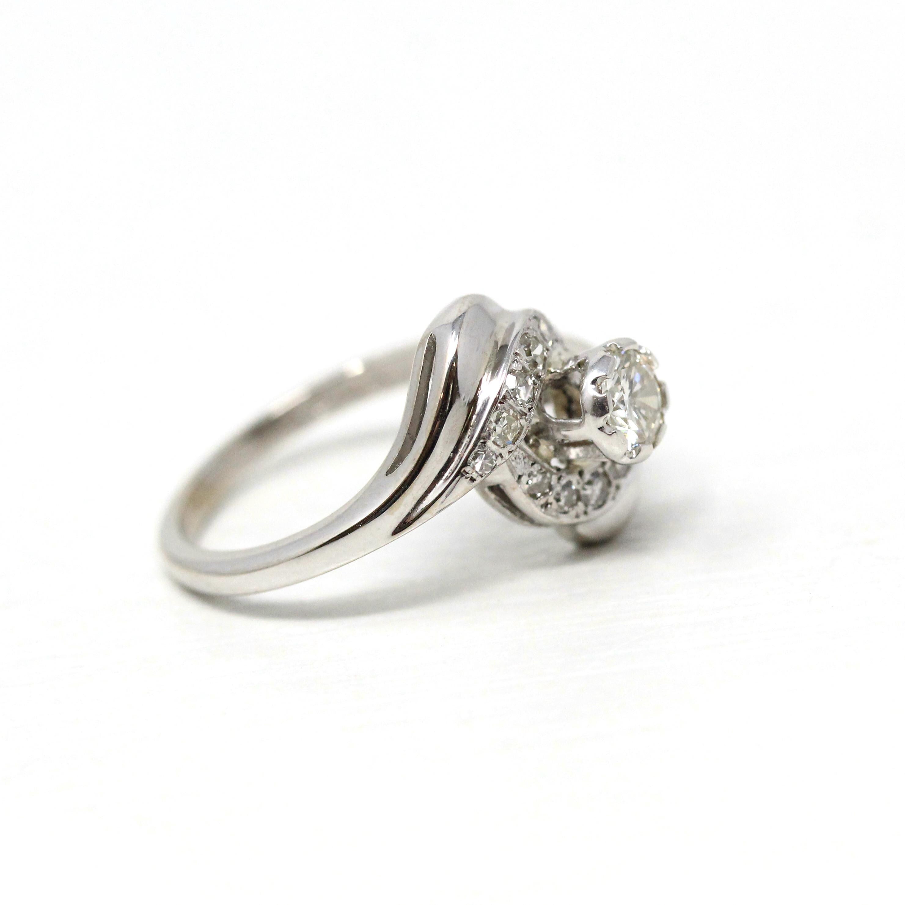 Mid Century Ring - Vintage 14k White Gold Genuine .50 CTW Diamond Swirl Bypass Halo - Circa 1950s Retro Era Size 6 Fine Engagement Jewelry