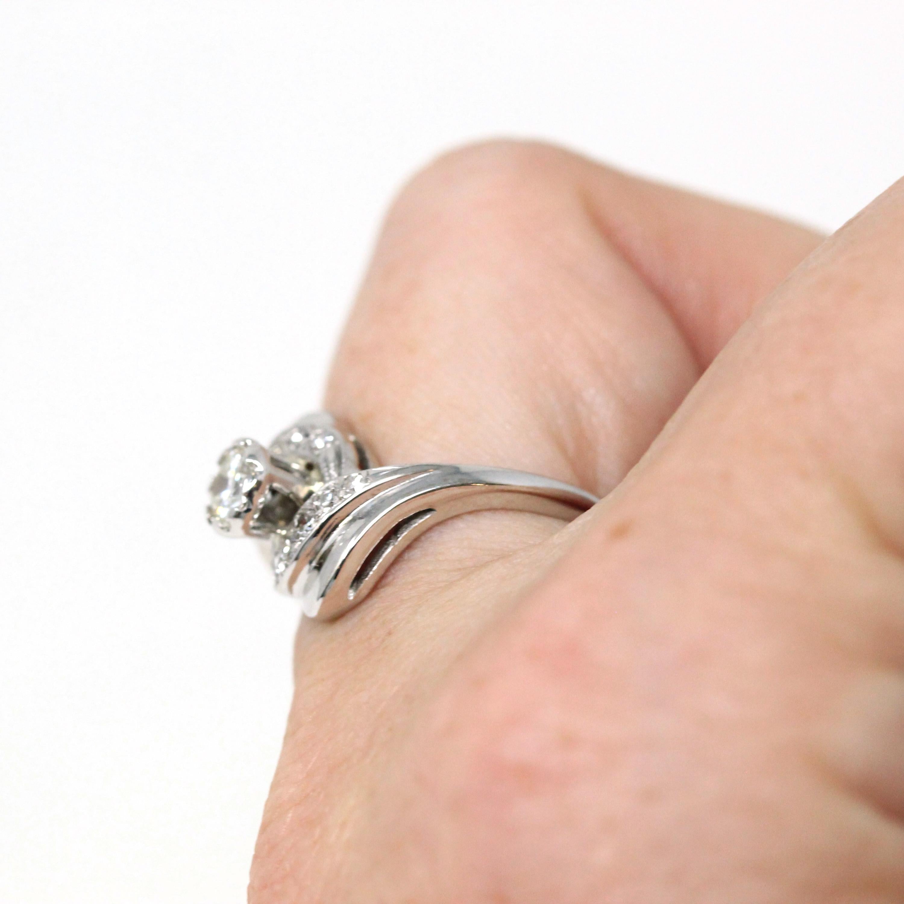 Mid Century Ring - Vintage 14k White Gold Genuine .50 CTW Diamond Swirl Bypass Halo - Circa 1950s Retro Era Size 6 Fine Engagement Jewelry