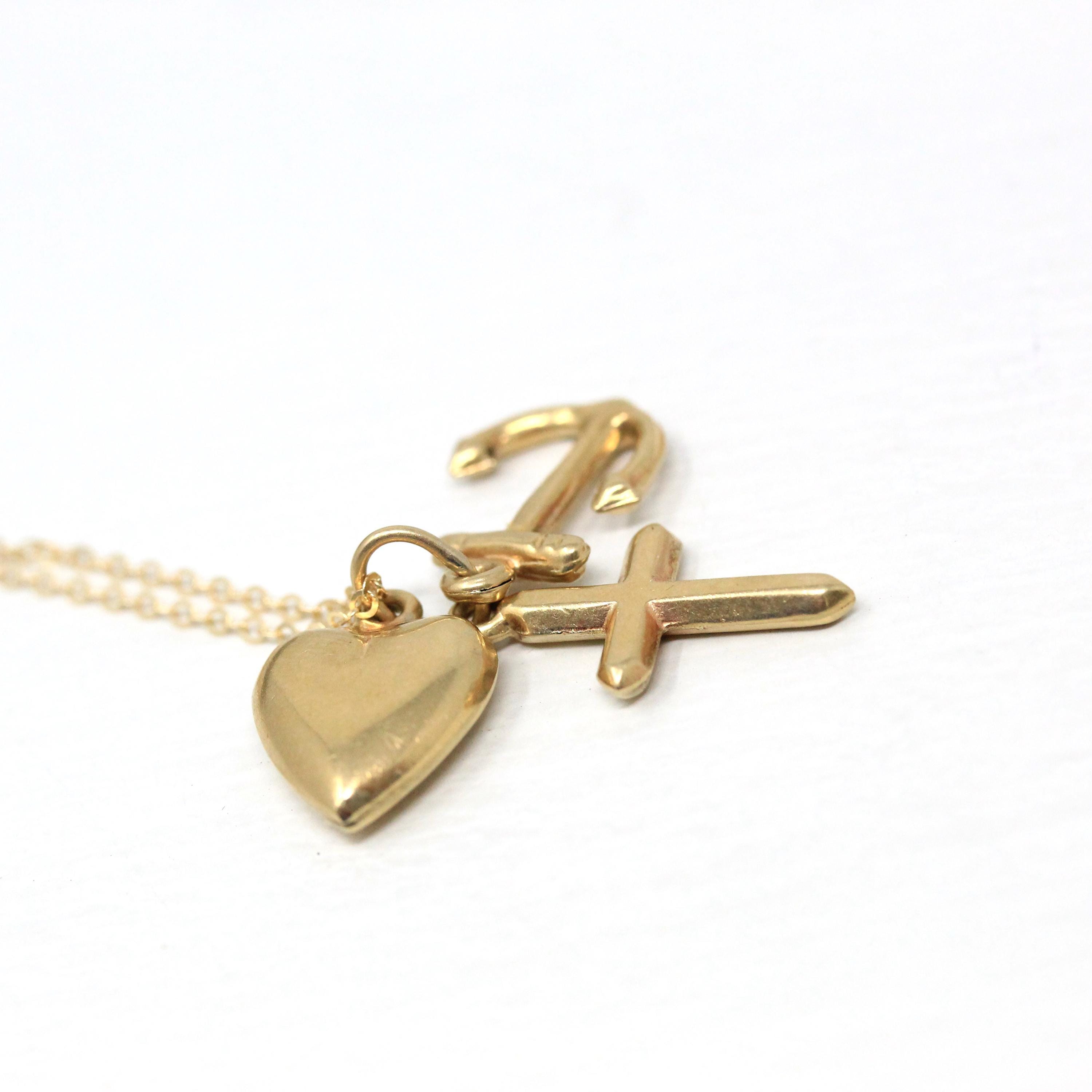 Vintage Charm Necklace - Retro 14k Yellow Gold Cross Anchor Heart Pendants - Circa 1970s Era Faith Hope Charity Religious 70s Fine Jewelry