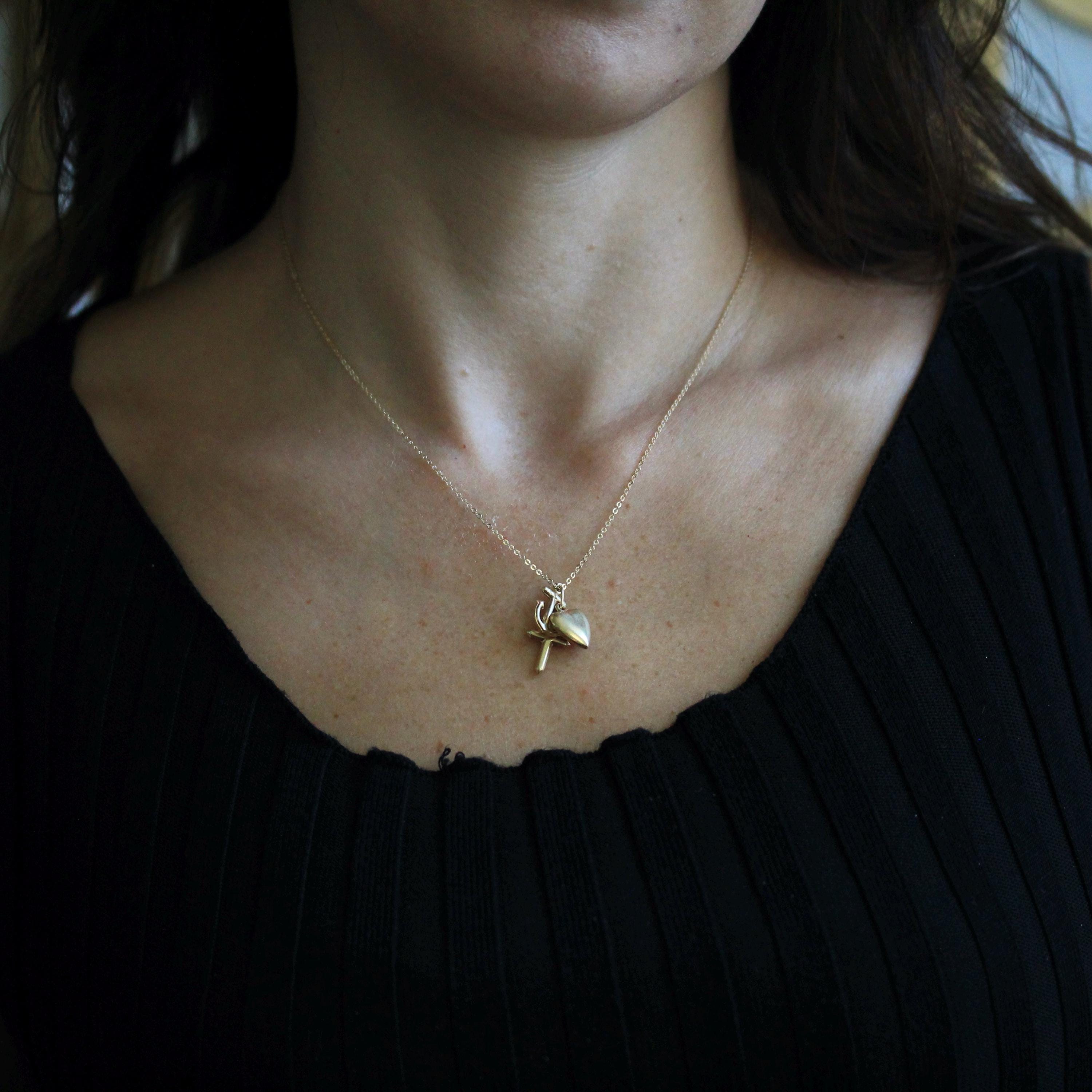 Vintage Charm Necklace - Retro 14k Yellow Gold Cross Anchor Heart Pendants - Circa 1970s Era Faith Hope Charity Religious 70s Fine Jewelry