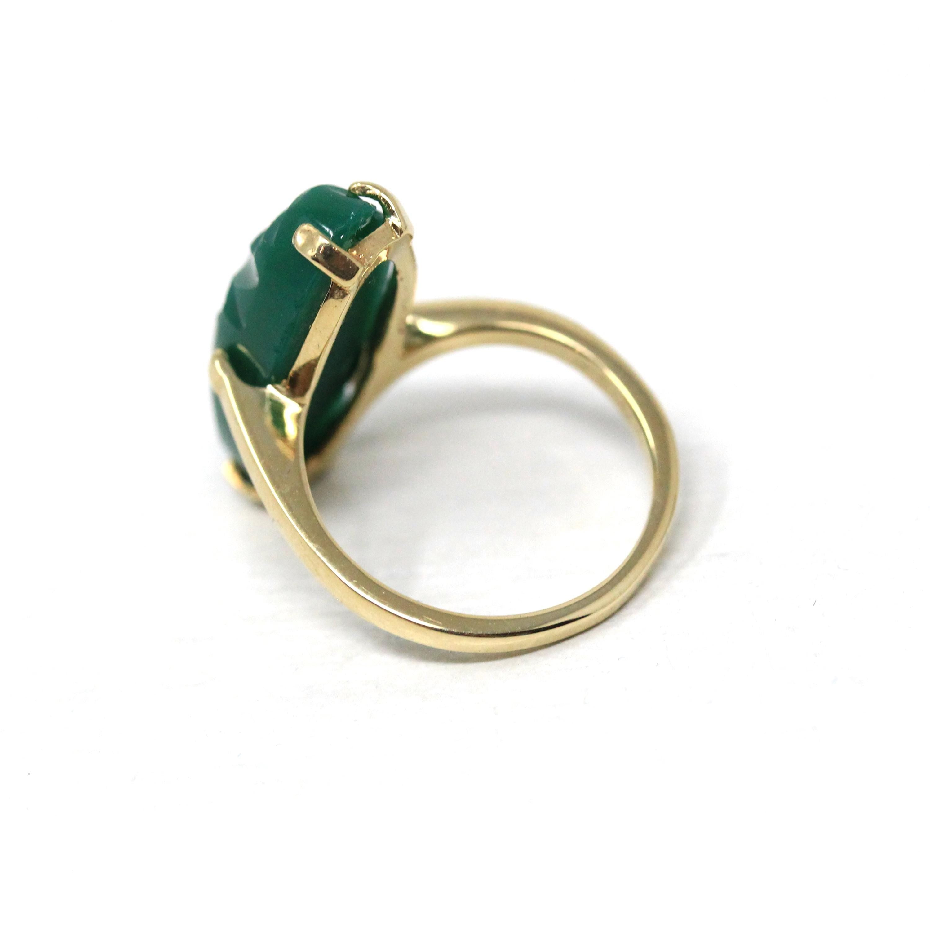 Vintage Scarab Ring - Retro 14k Yellow Gold Oval Carved Green Glass Stone - Circa 1960s Era Size 4 Egyptian Revival Style Fine 60s Jewelry