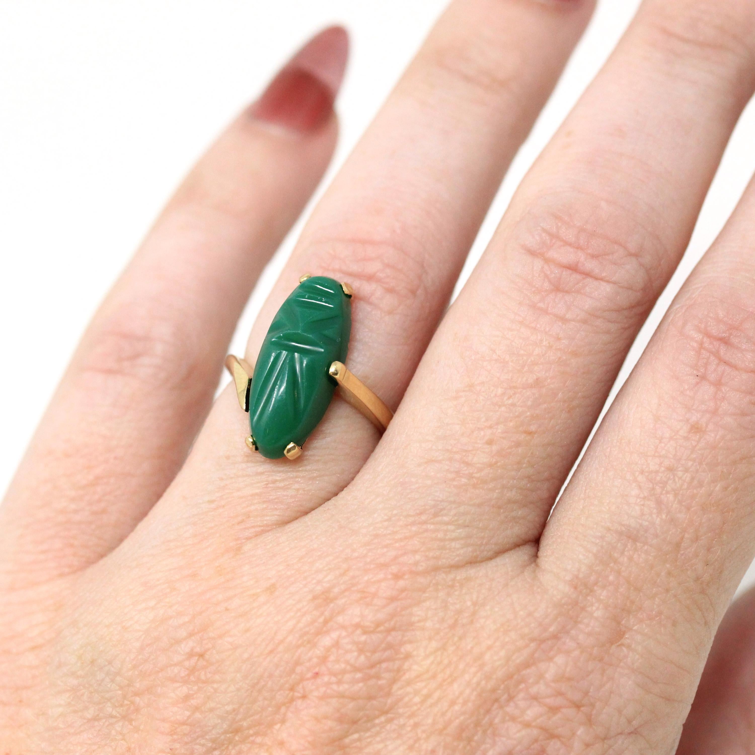Vintage Scarab Ring - Retro 14k Yellow Gold Oval Carved Green Glass Stone - Circa 1960s Era Size 4 Egyptian Revival Style Fine 60s Jewelry