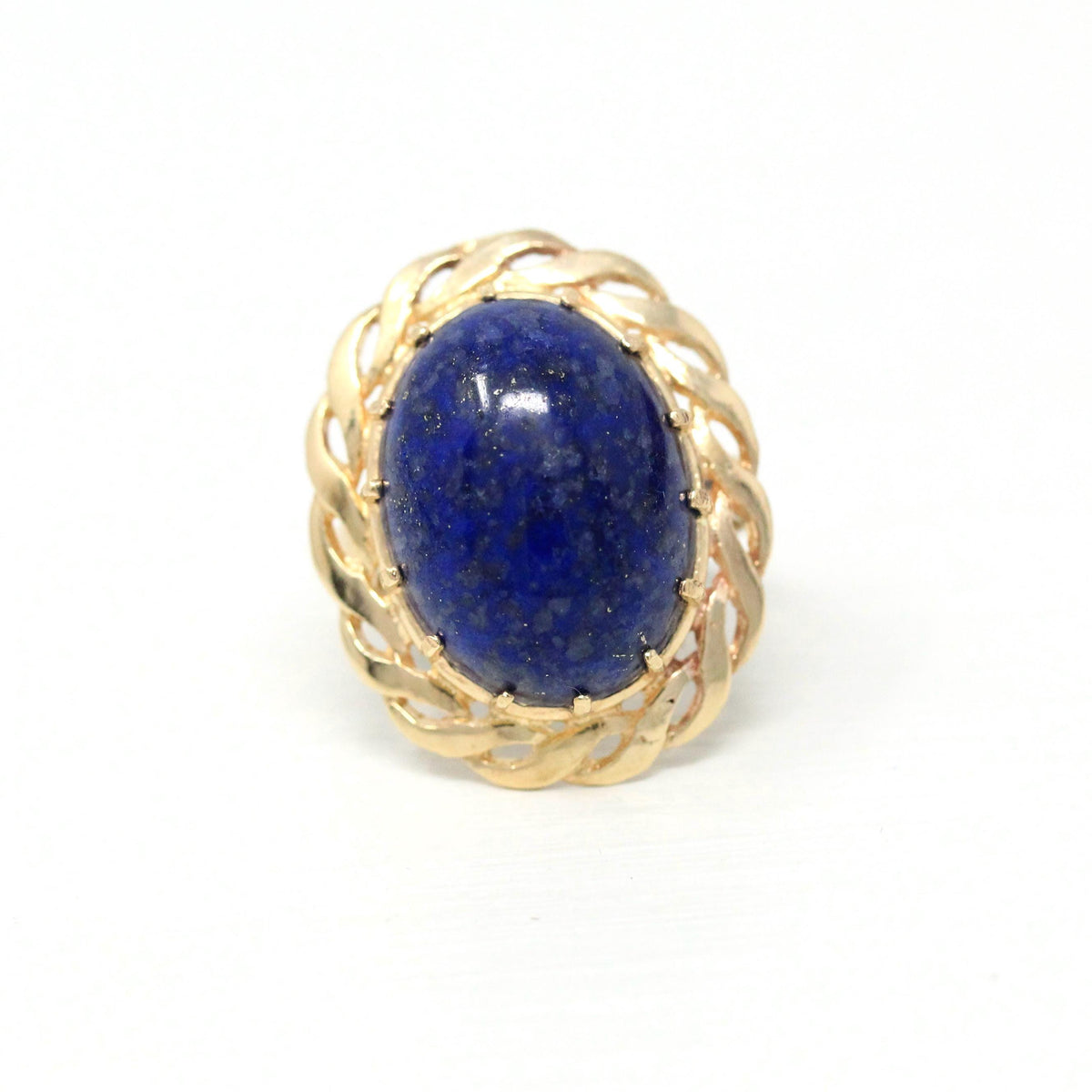Lapis Lazuli Ring - Vintage 14k Yellow Gold Dark Blue Oval Cabochon Cut Prong Set Statement - Retro Circa 1970s Size 4 Braided Fine Jewelry