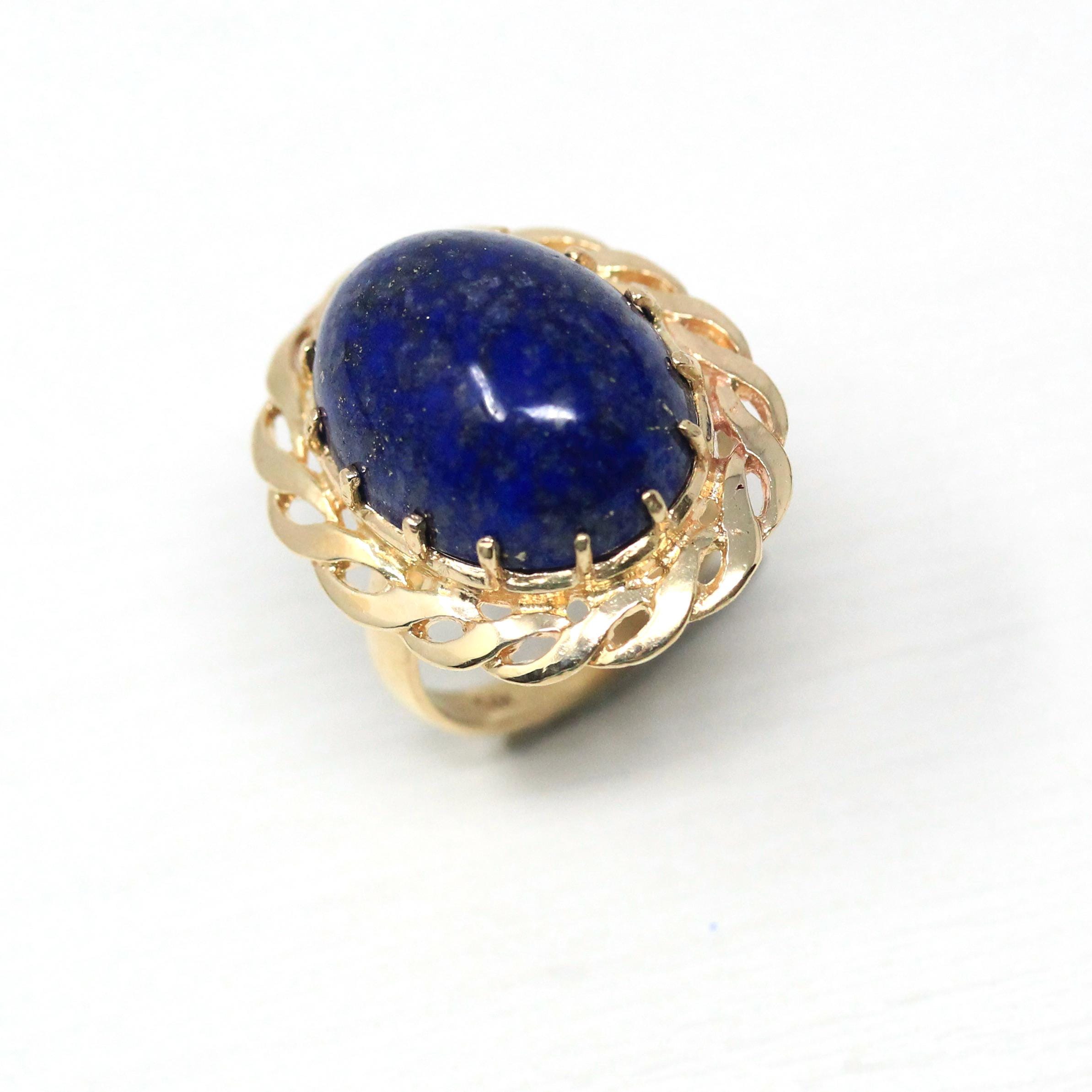 Lapis Lazuli Ring - Vintage 14k Yellow Gold Dark Blue Oval Cabochon Cut Prong Set Statement - Retro Circa 1970s Size 4 Braided Fine Jewelry