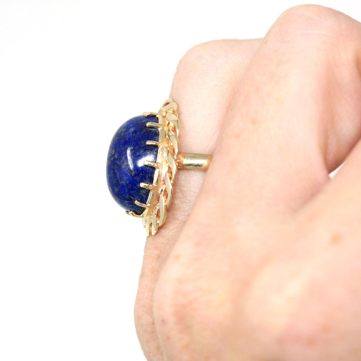 Lapis Lazuli Ring - Vintage 14k Yellow Gold Dark Blue Oval Cabochon Cut Prong Set Statement - Retro Circa 1970s Size 4 Braided Fine Jewelry